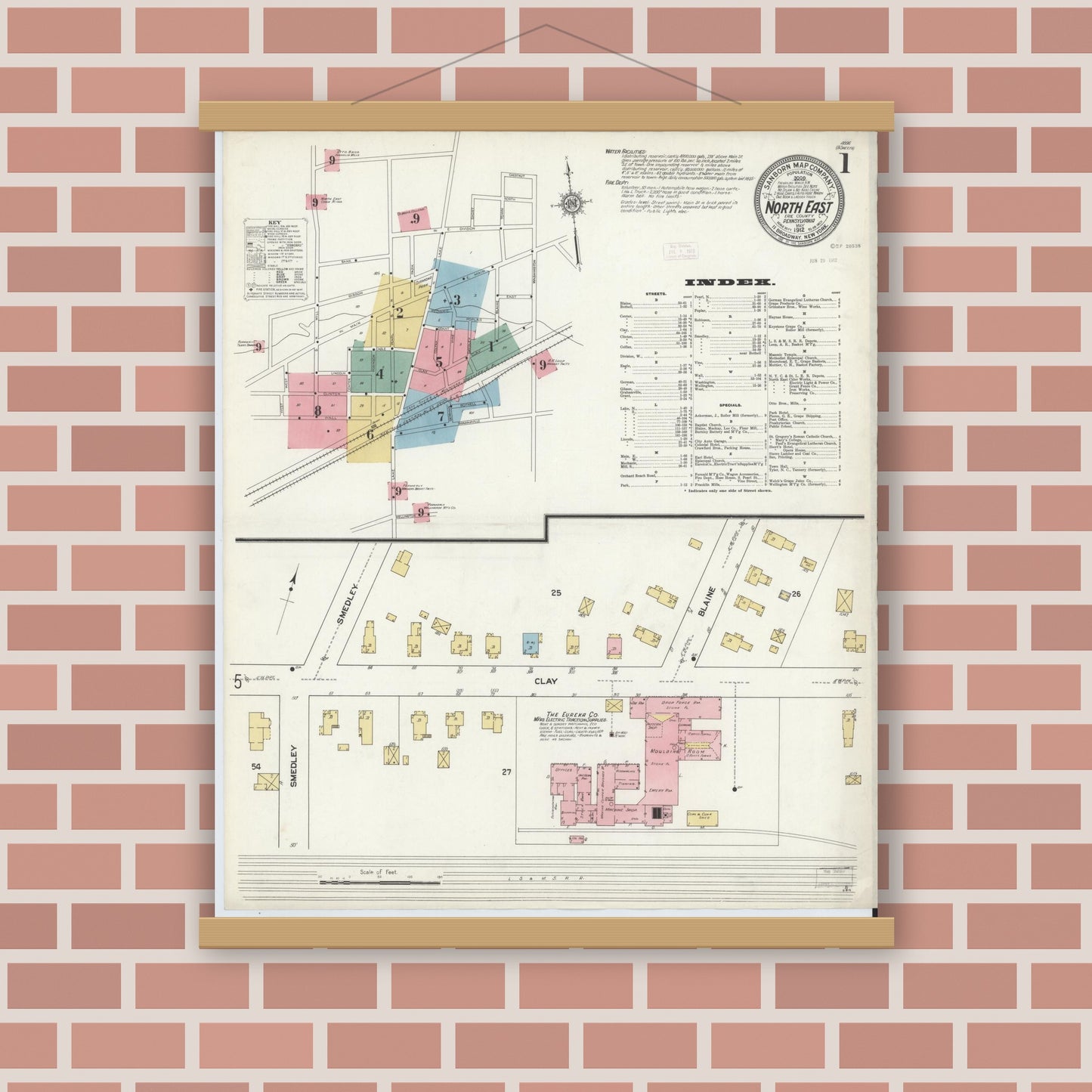 Old map wall art mockup — magnetic wood frame on brick wall — Sanborn Fire Insurance Map from North East, Erie County, Pennsylvania (1912) - Complete Map Set
