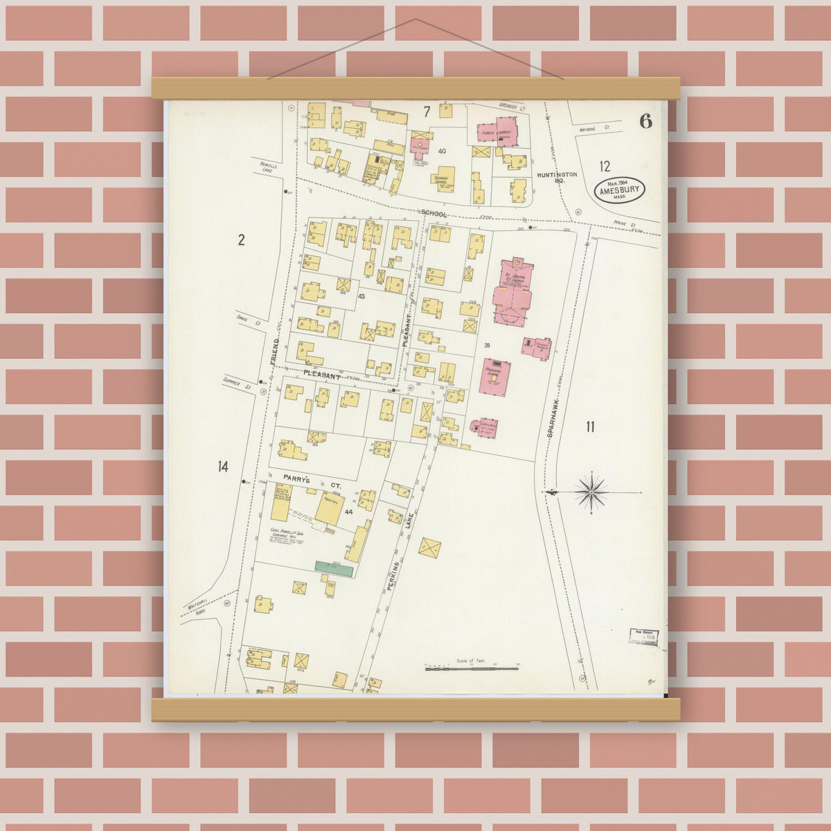 Old map wall art mockup — magnetic wood frame on brick wall — Sanborn Fire Insurance Map from Amesbury, Essex County, Massachusetts (1904), Sheet #0006