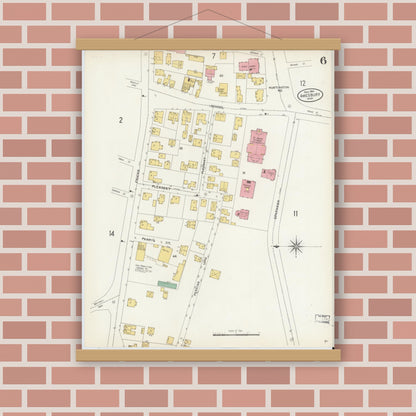Old map wall art mockup — magnetic wood frame on brick wall — Sanborn Fire Insurance Map from Amesbury, Essex County, Massachusetts (1904), Sheet #0006