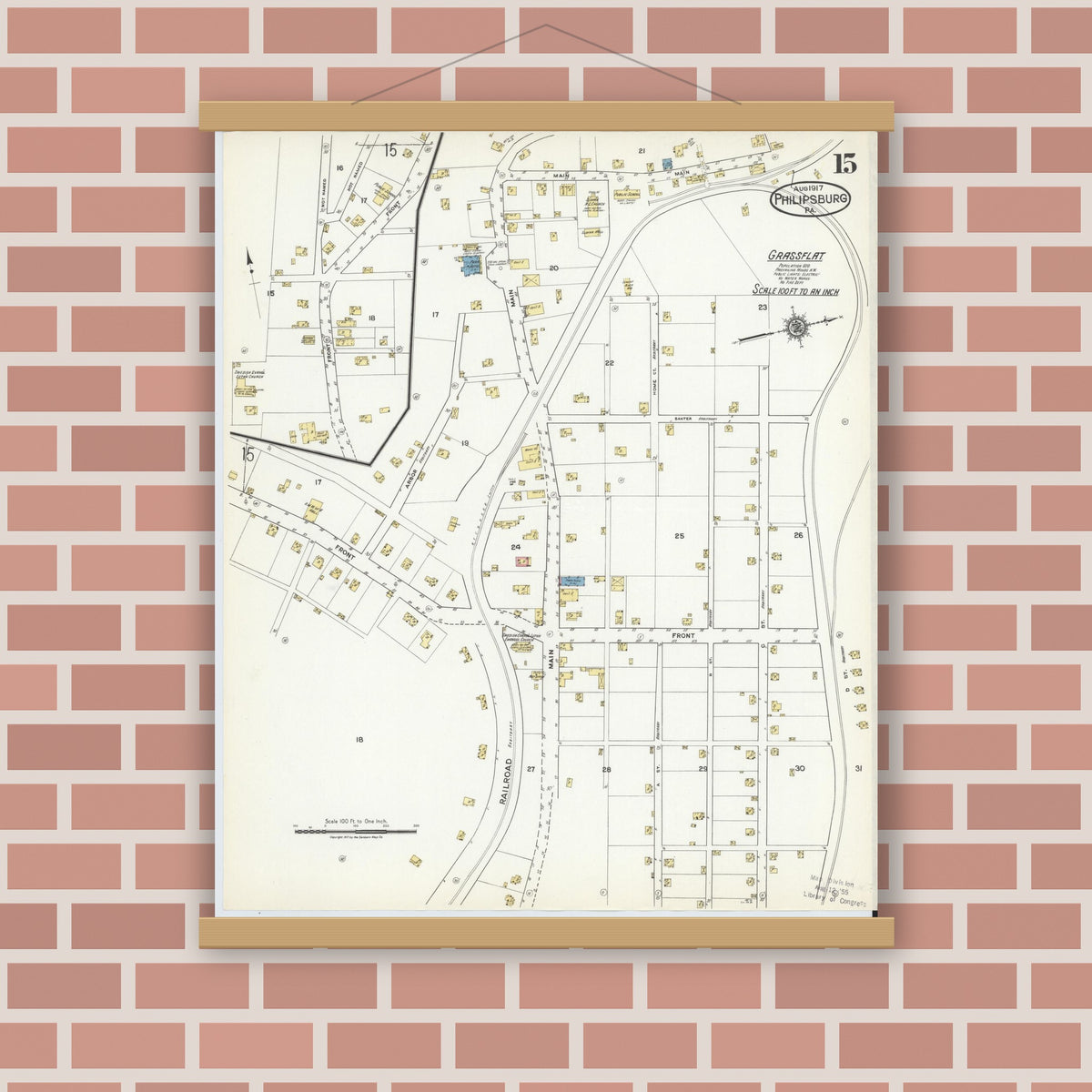 Old map wall art mockup — magnetic wood frame on brick wall — Sanborn Fire Insurance Map from Philipsburg, Centre County, Pennsylvania (1917), Sheet #0015