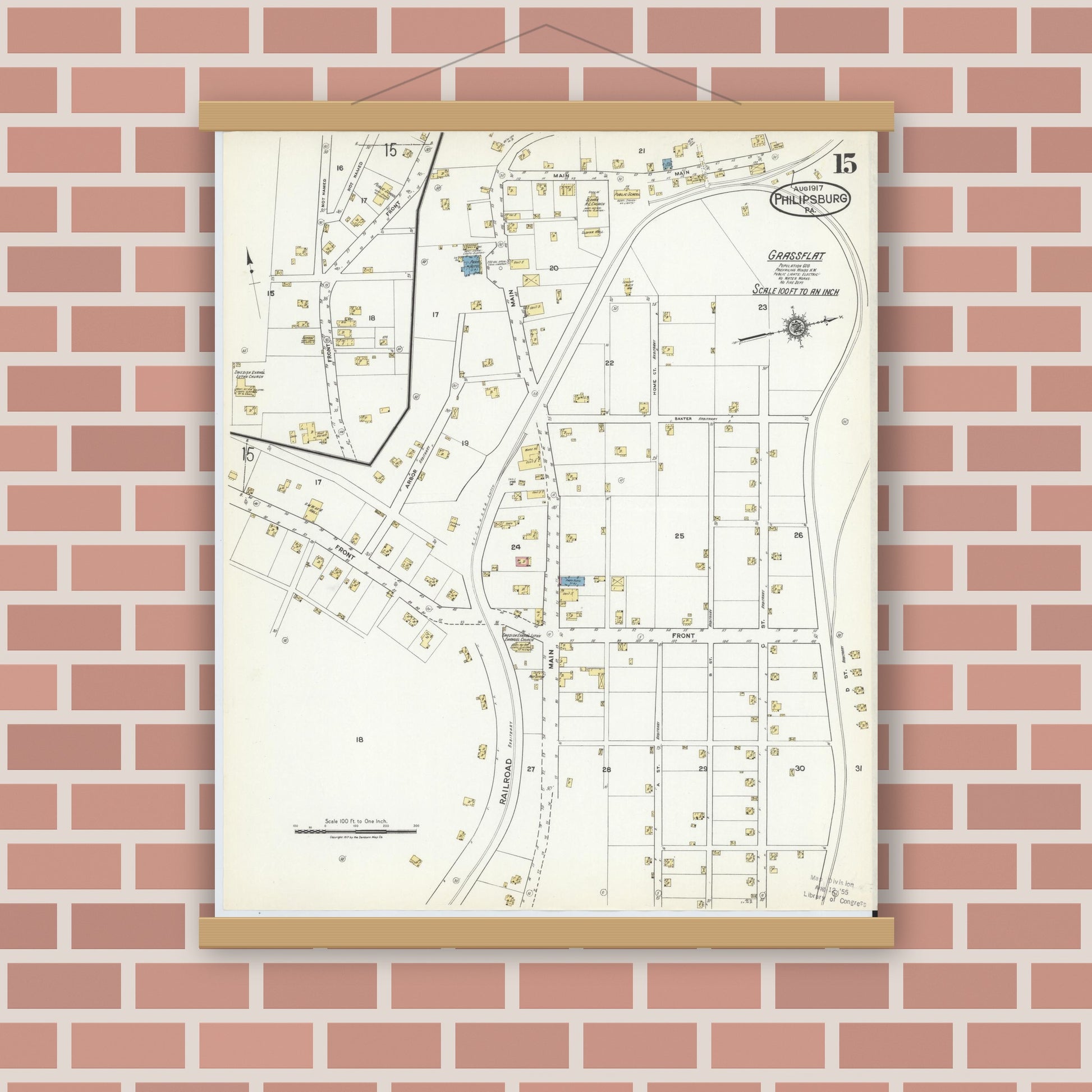 Old map wall art mockup — magnetic wood frame on brick wall — Sanborn Fire Insurance Map from Philipsburg, Centre County, Pennsylvania (1917), Sheet #0015