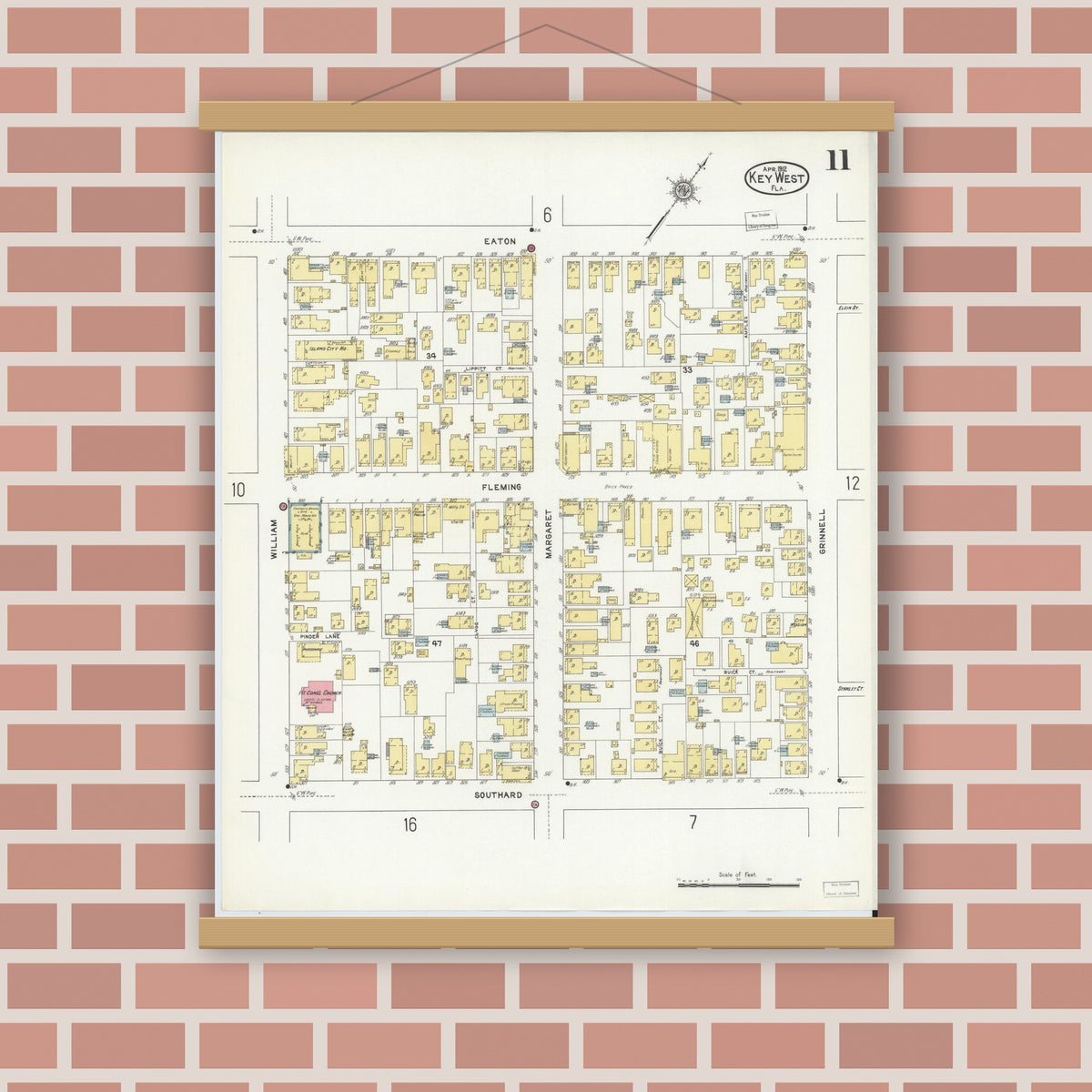 Old map wall art mockup — magnetic wood frame on brick wall — Sanborn Fire Insurance Map from Key West, Monroe County, Florida (1912), Sheet #0011