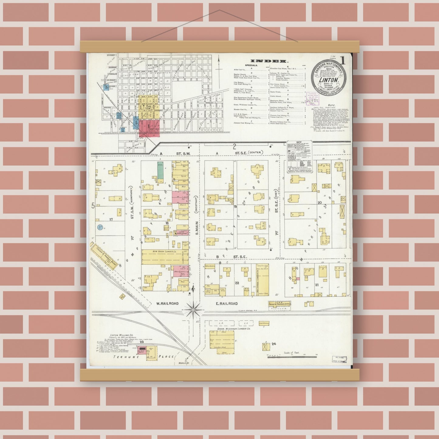 Old map wall art mockup — magnetic wood frame on brick wall — Sanborn Fire Insurance Map from Linton, Greene County, Indiana (1904) - Complete Map Set
