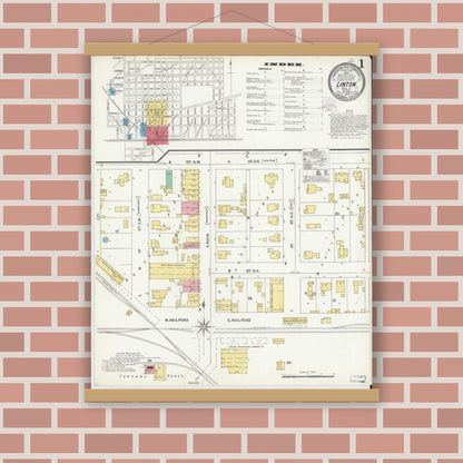 Old map wall art mockup — magnetic wood frame on brick wall — Sanborn Fire Insurance Map from Linton, Greene County, Indiana (1904) - Complete Map Set