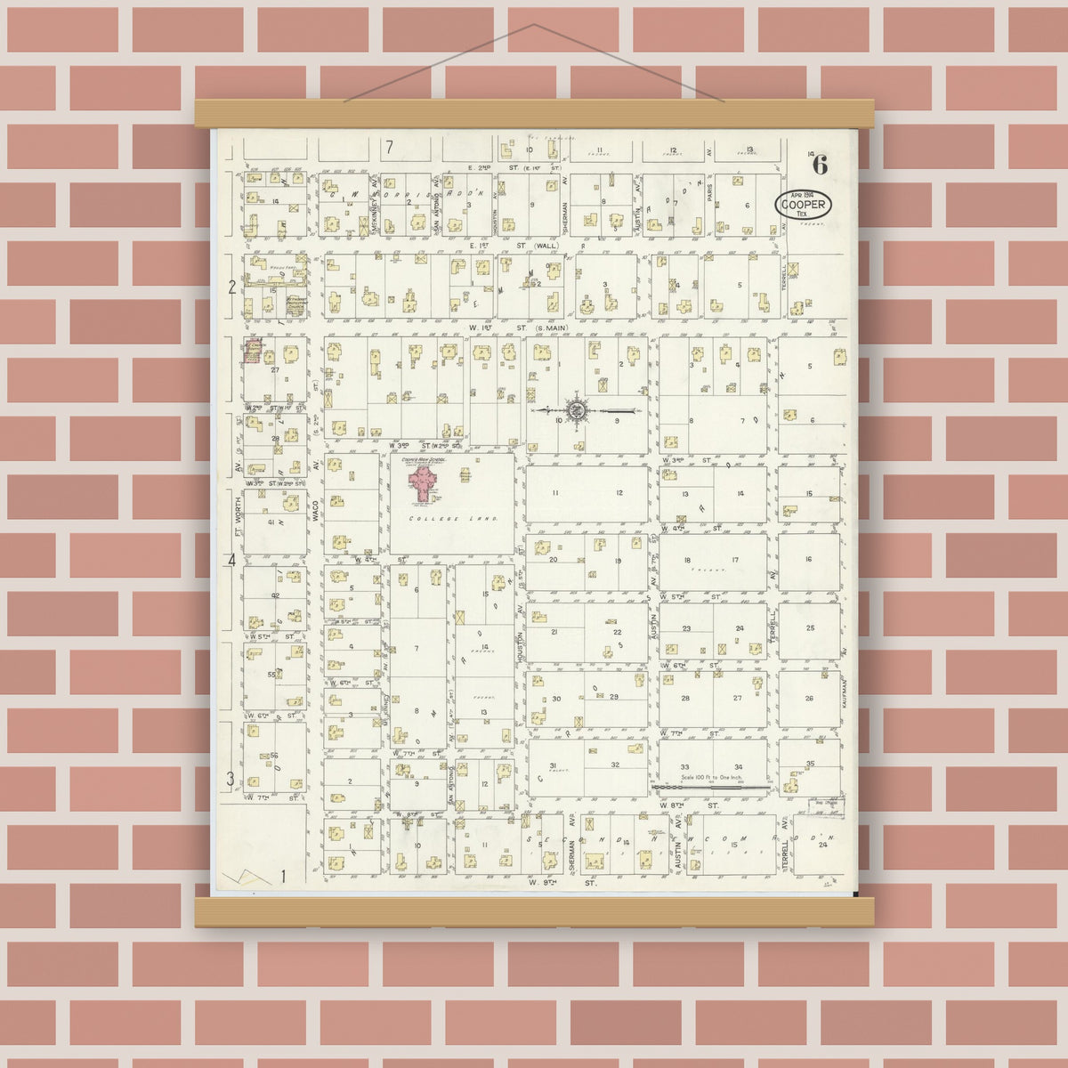 Old map wall art mockup — magnetic wood frame on brick wall — Sanborn Fire Insurance Map from Cooper, Delta County, Texas (1914), Sheet #0006