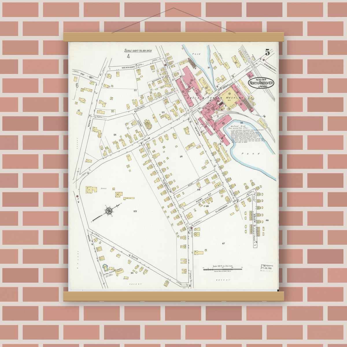 Old map wall art mockup — magnetic wood frame on brick wall — Sanborn Fire Insurance Map from North Andover, Essex County, Massachusetts (1919), Sheet #0005