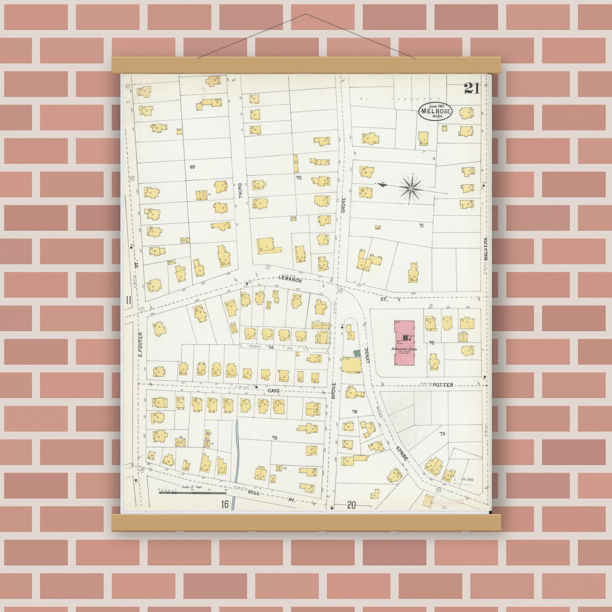 Old map wall art mockup — magnetic wood frame on brick wall — Sanborn Fire Insurance Map from Melrose, Middlesex County, Massachusetts (1903), Sheet #0021