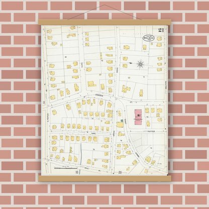 Old map wall art mockup — magnetic wood frame on brick wall — Sanborn Fire Insurance Map from Melrose, Middlesex County, Massachusetts (1903), Sheet #0021