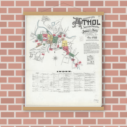 Old map wall art mockup — magnetic wood frame on brick wall — Sanborn Fire Insurance Map from Athol, Worcester County, Massachusetts (1900), Sheet #0001