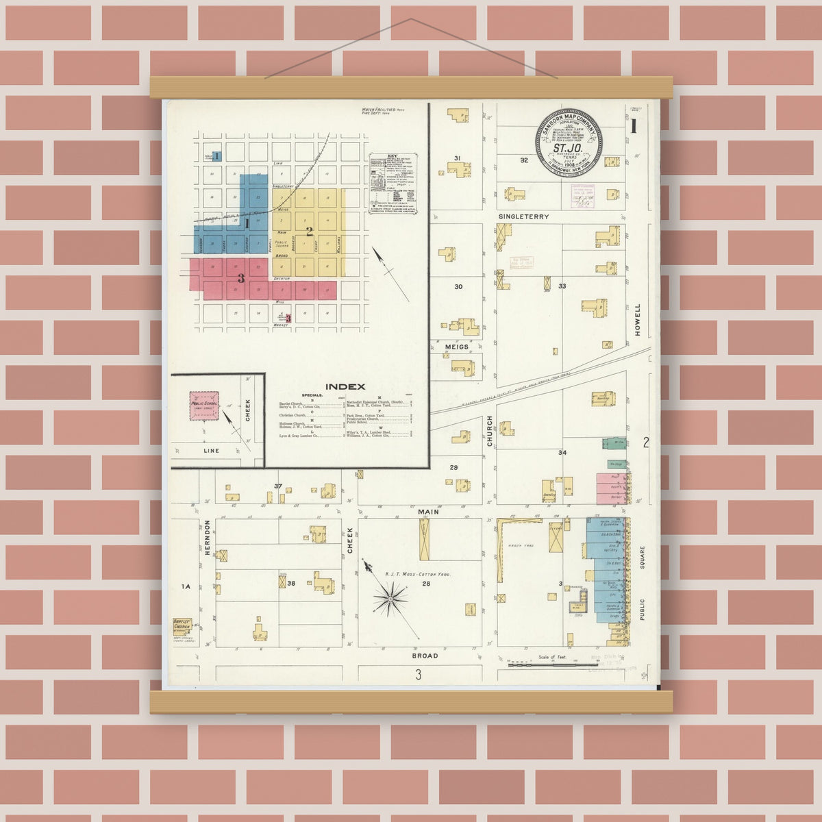 Old map wall art mockup — magnetic wood frame on brick wall — Sanborn Fire Insurance Map from Saint Jo, Montague County, Texas (1908), Sheet #0001