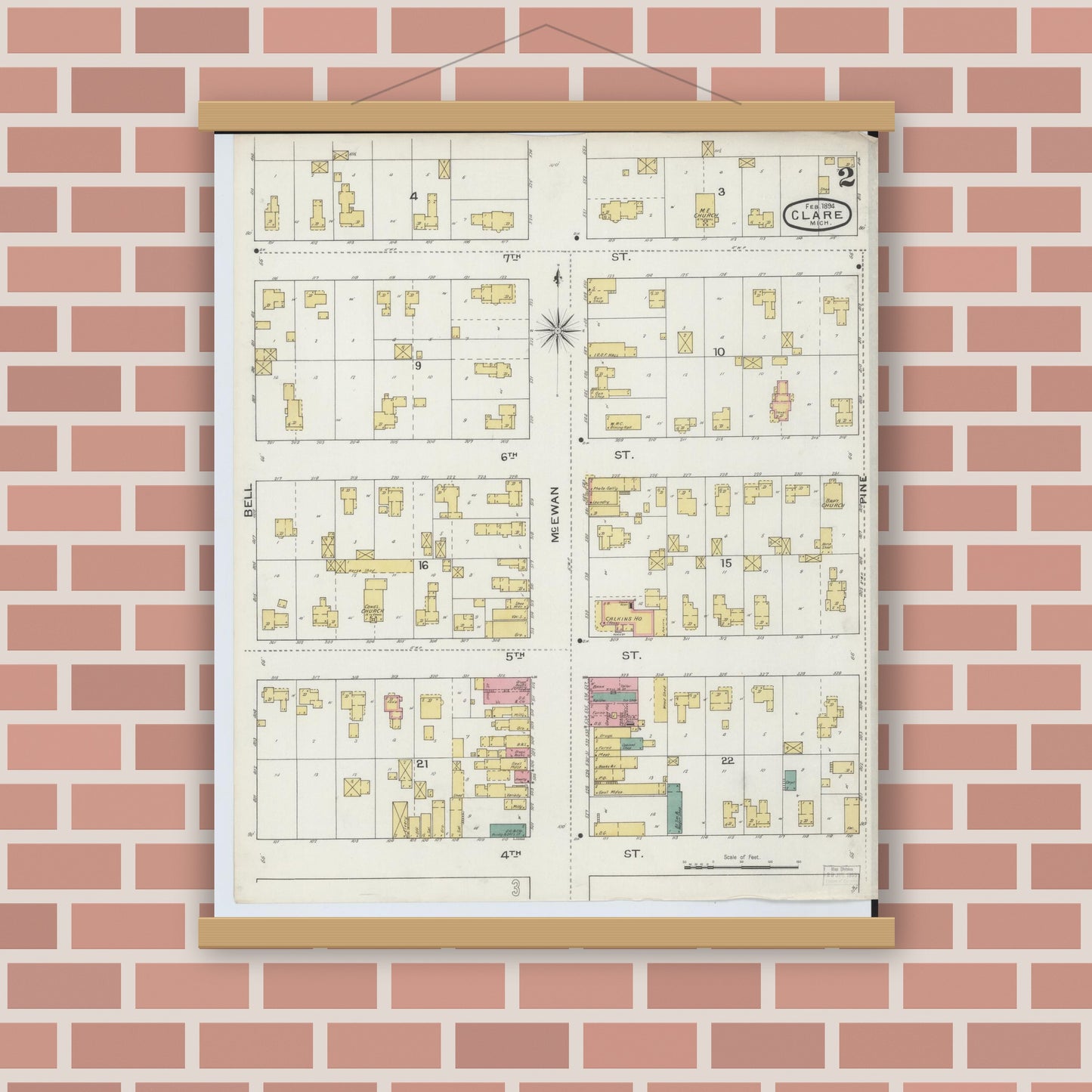 Old map wall art mockup — magnetic wood frame on brick wall — Sanborn Fire Insurance Map from Clare, Clare County, Michigan (1894), Sheet #0002