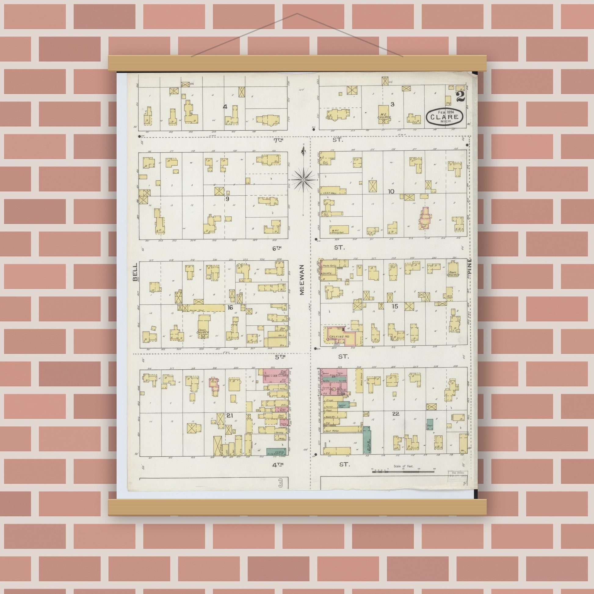Old map wall art mockup — magnetic wood frame on brick wall — Sanborn Fire Insurance Map from Clare, Clare County, Michigan (1894), Sheet #0002