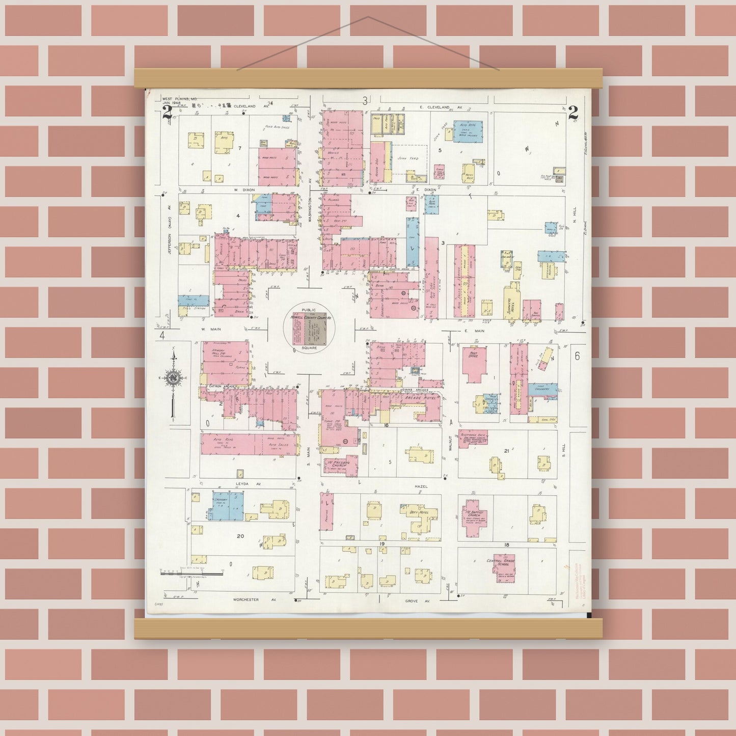 Old map wall art mockup — magnetic wood frame on brick wall — Sanborn Fire Insurance Map from West Plains, Howell County, Missouri (1948), Sheet #0002