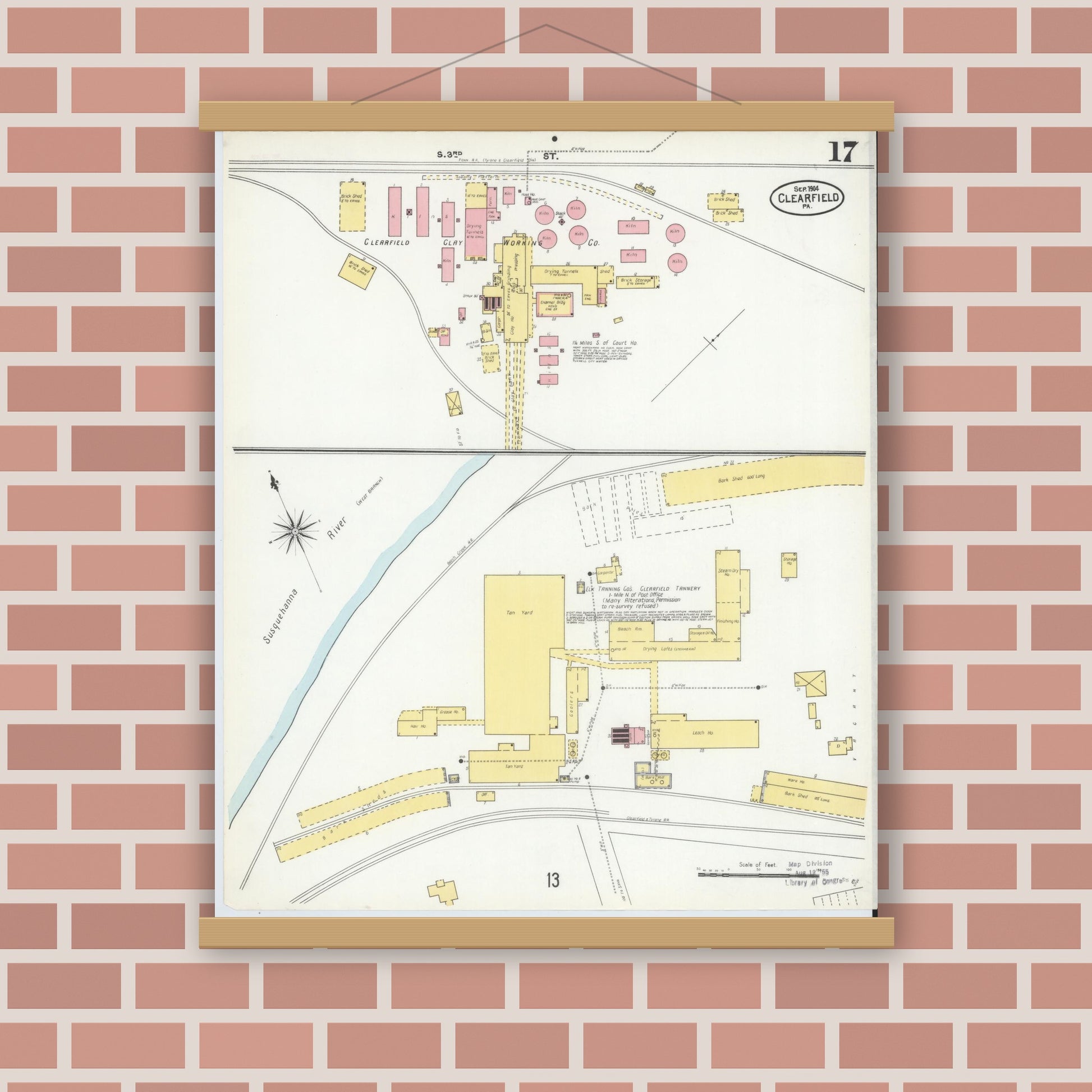 Old map wall art mockup — magnetic wood frame on brick wall — Sanborn Fire Insurance Map from Clearfield, Clearfield County, Pennsylvania (1904), Sheet #0017