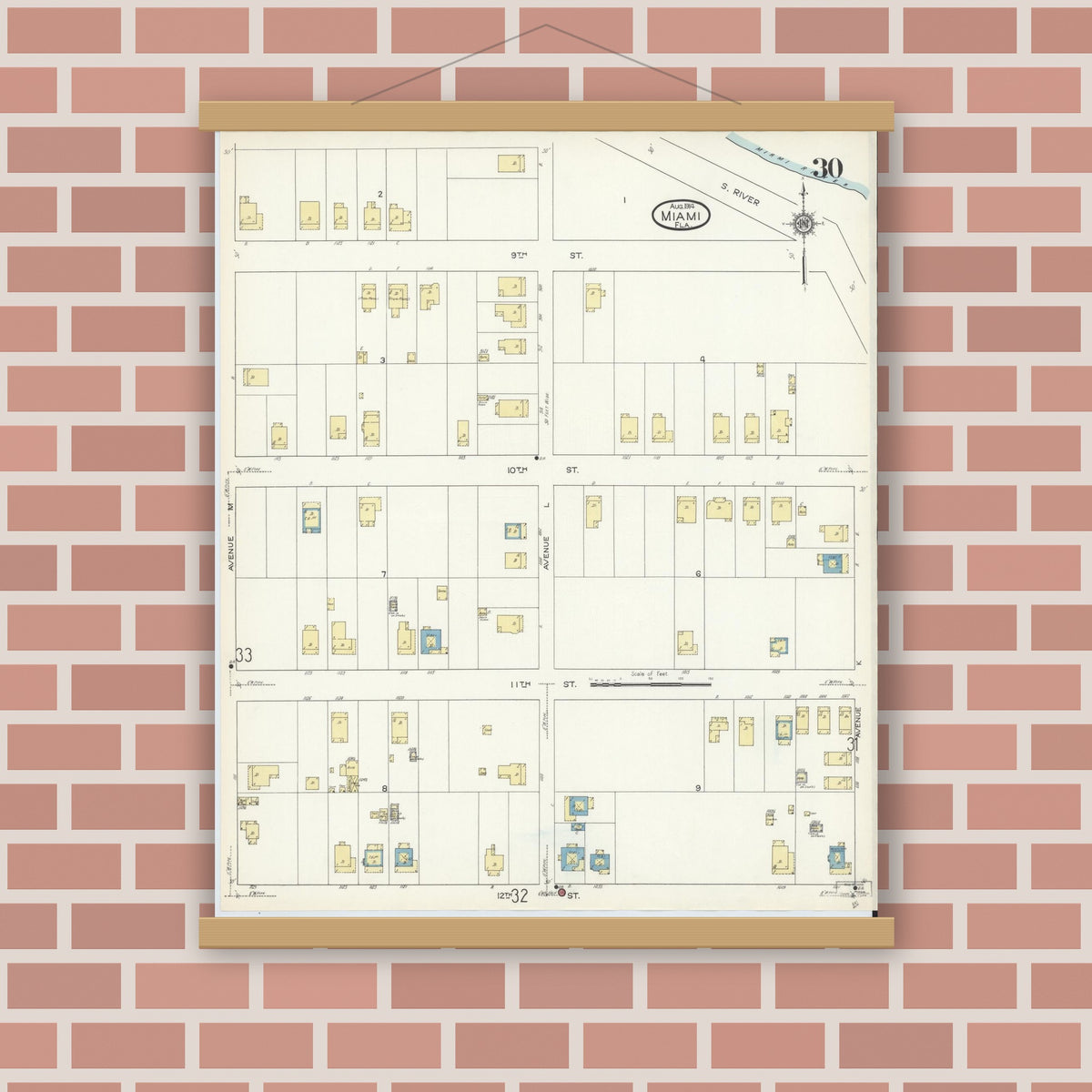 Old map wall art mockup — magnetic wood frame on brick wall — Sanborn Fire Insurance Map from Miami, Dade County, Florida (1914), Sheet #0030