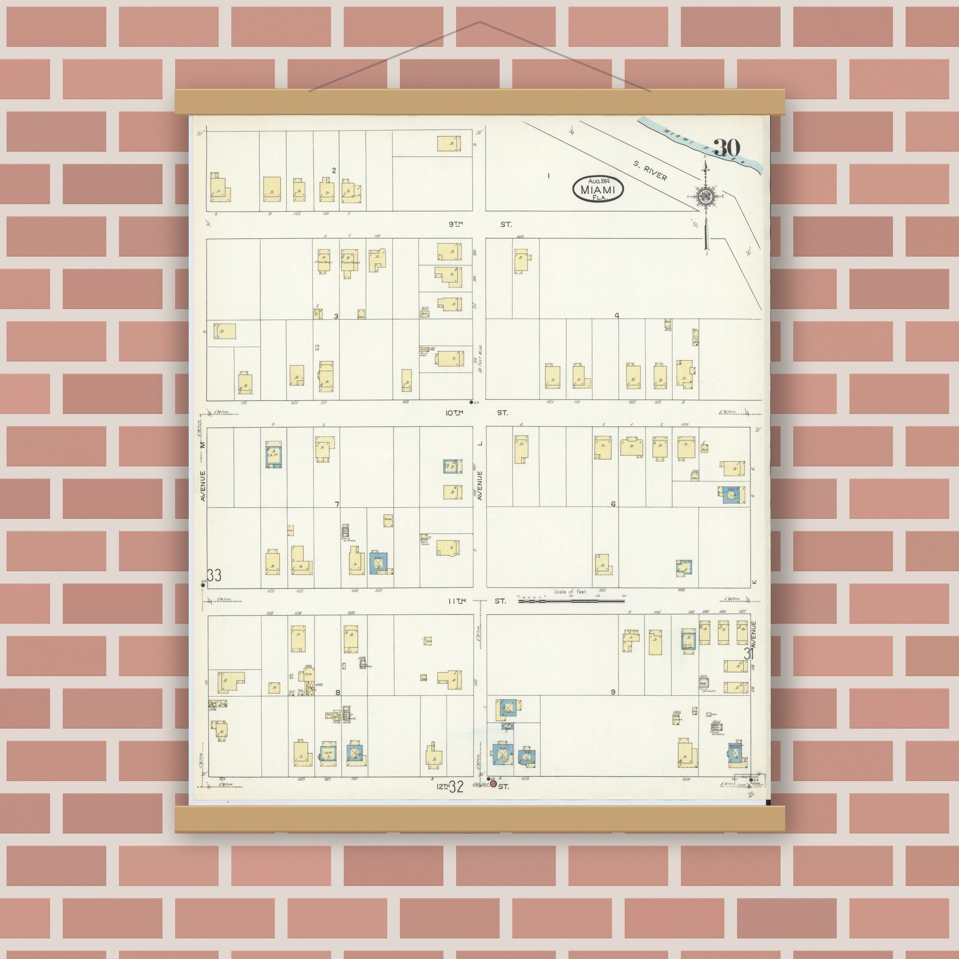 Old map wall art mockup — magnetic wood frame on brick wall — Sanborn Fire Insurance Map from Miami, Dade County, Florida (1914), Sheet #0030
