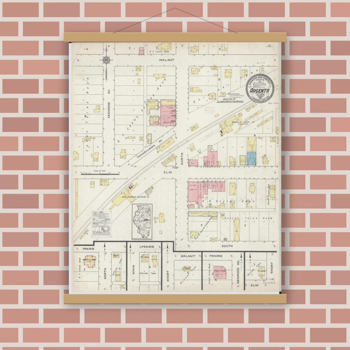 Old map wall art mockup — magnetic wood frame on brick wall — Sanborn Fire Insurance Map from Argenta, Macon County, Illinois (1915), Sheet #0001