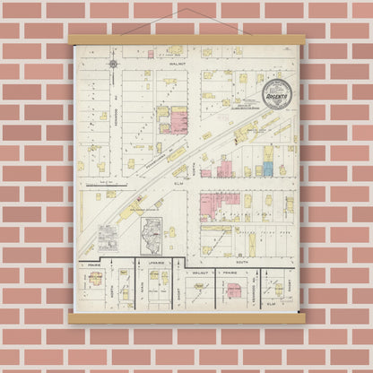 Old map wall art mockup — magnetic wood frame on brick wall — Sanborn Fire Insurance Map from Argenta, Macon County, Illinois (1915), Sheet #0001