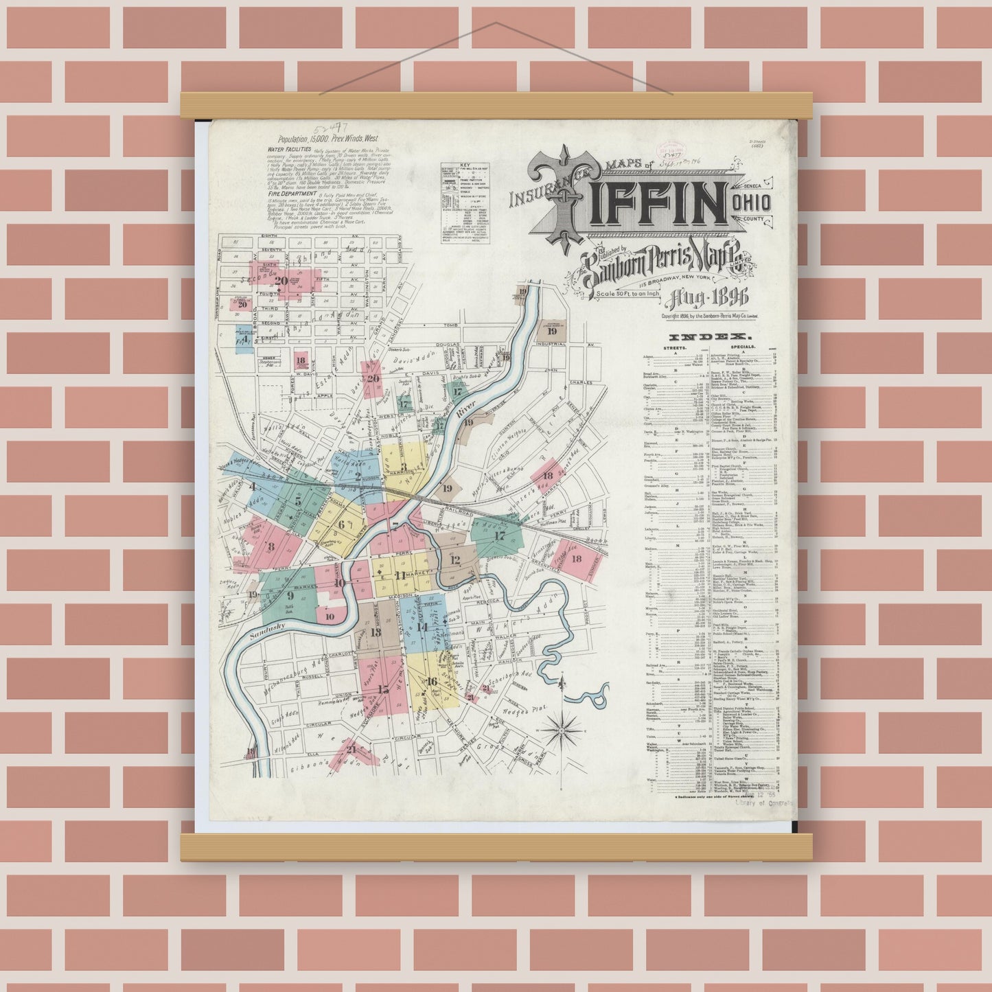 Old map wall art mockup — magnetic wood frame on brick wall — Sanborn Fire Insurance Map from Tiffin, Seneca County, Ohio (1896), Sheet #0001
