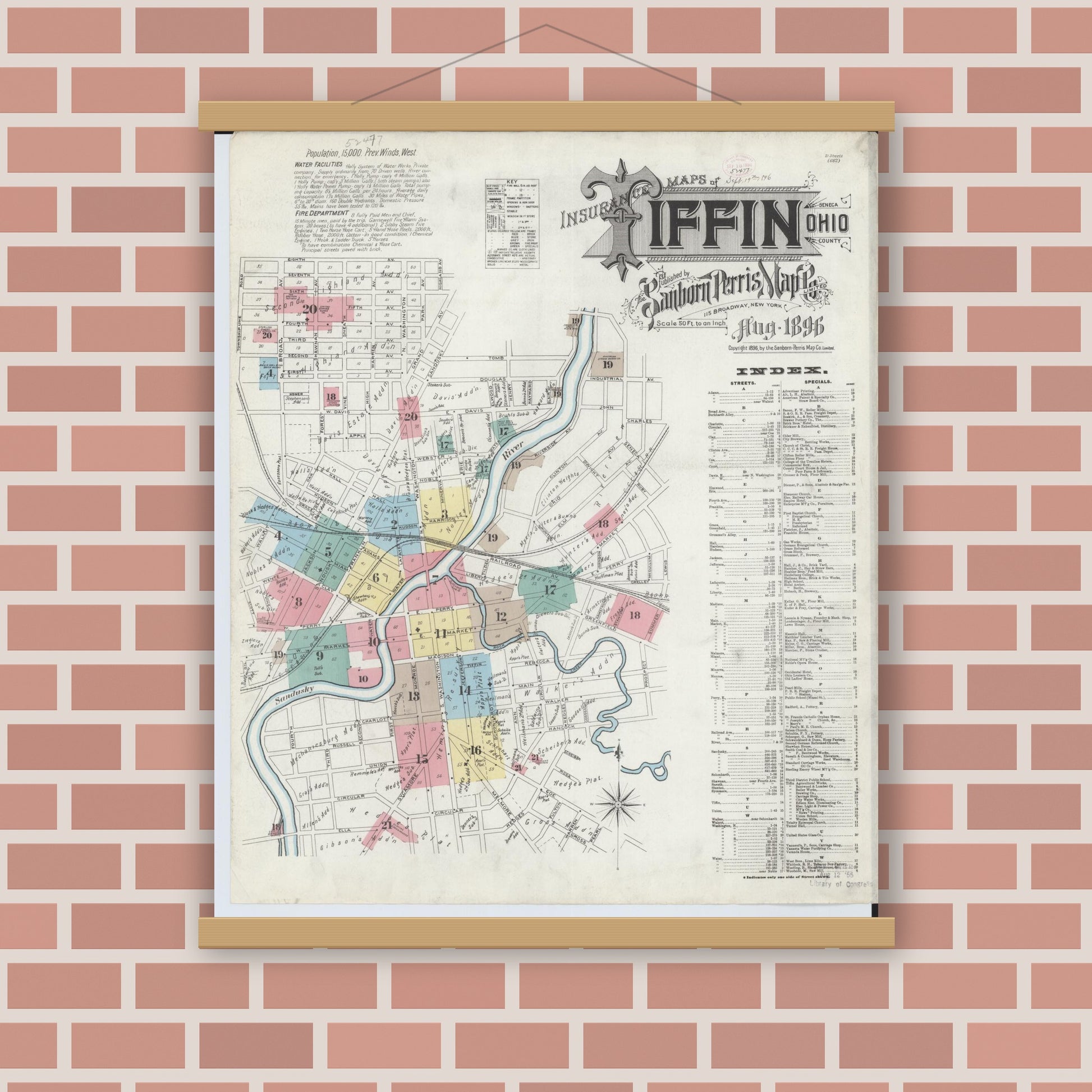 Old map wall art mockup — magnetic wood frame on brick wall — Sanborn Fire Insurance Map from Tiffin, Seneca County, Ohio (1896), Sheet #0001