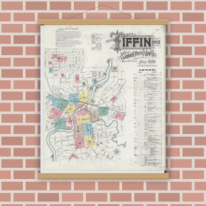 Old map wall art mockup — magnetic wood frame on brick wall — Sanborn Fire Insurance Map from Tiffin, Seneca County, Ohio (1896), Sheet #0001