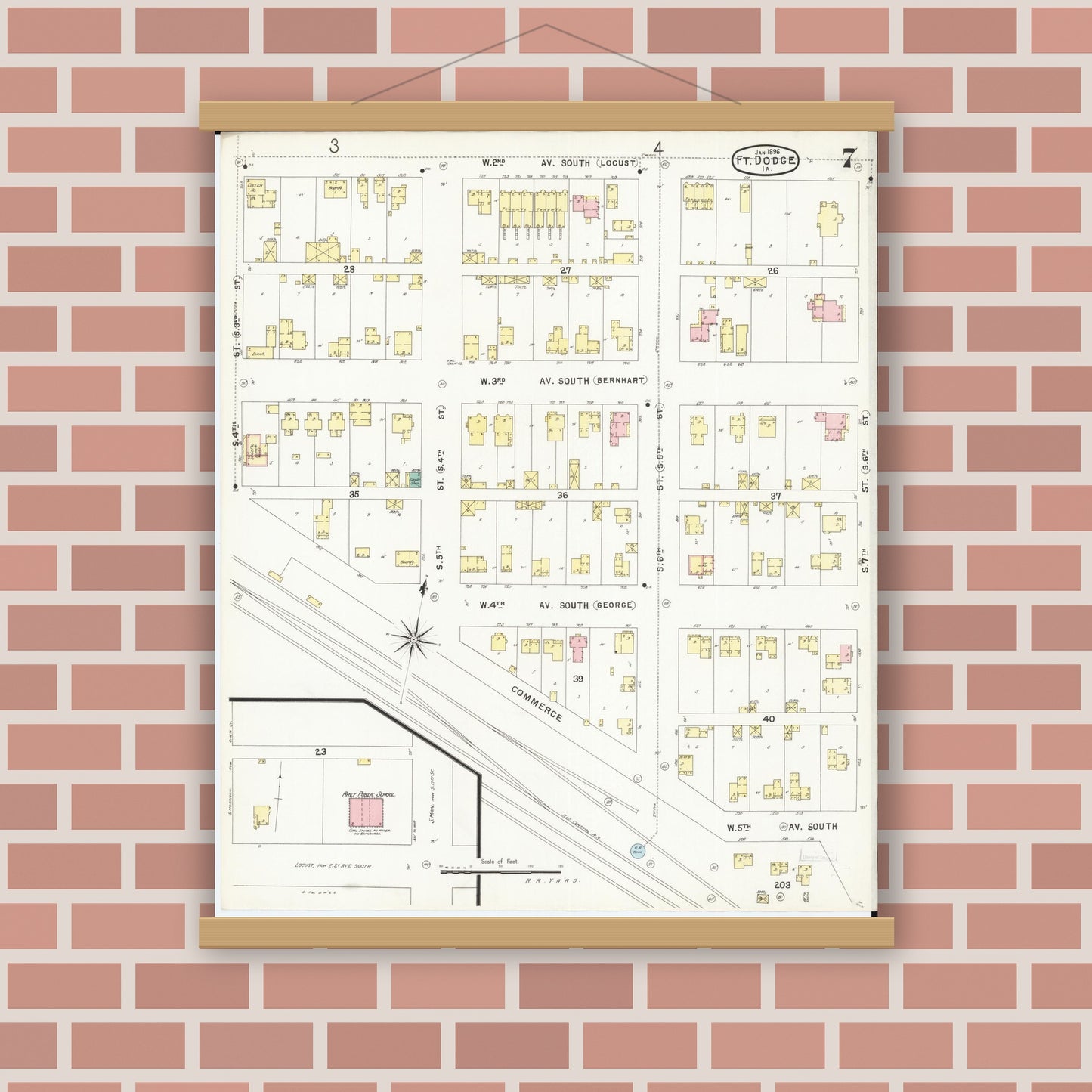 Old map wall art mockup — magnetic wood frame on brick wall — Sanborn Fire Insurance Map from Fort Dodge, Webster County, Iowa (1896), Sheet #0007