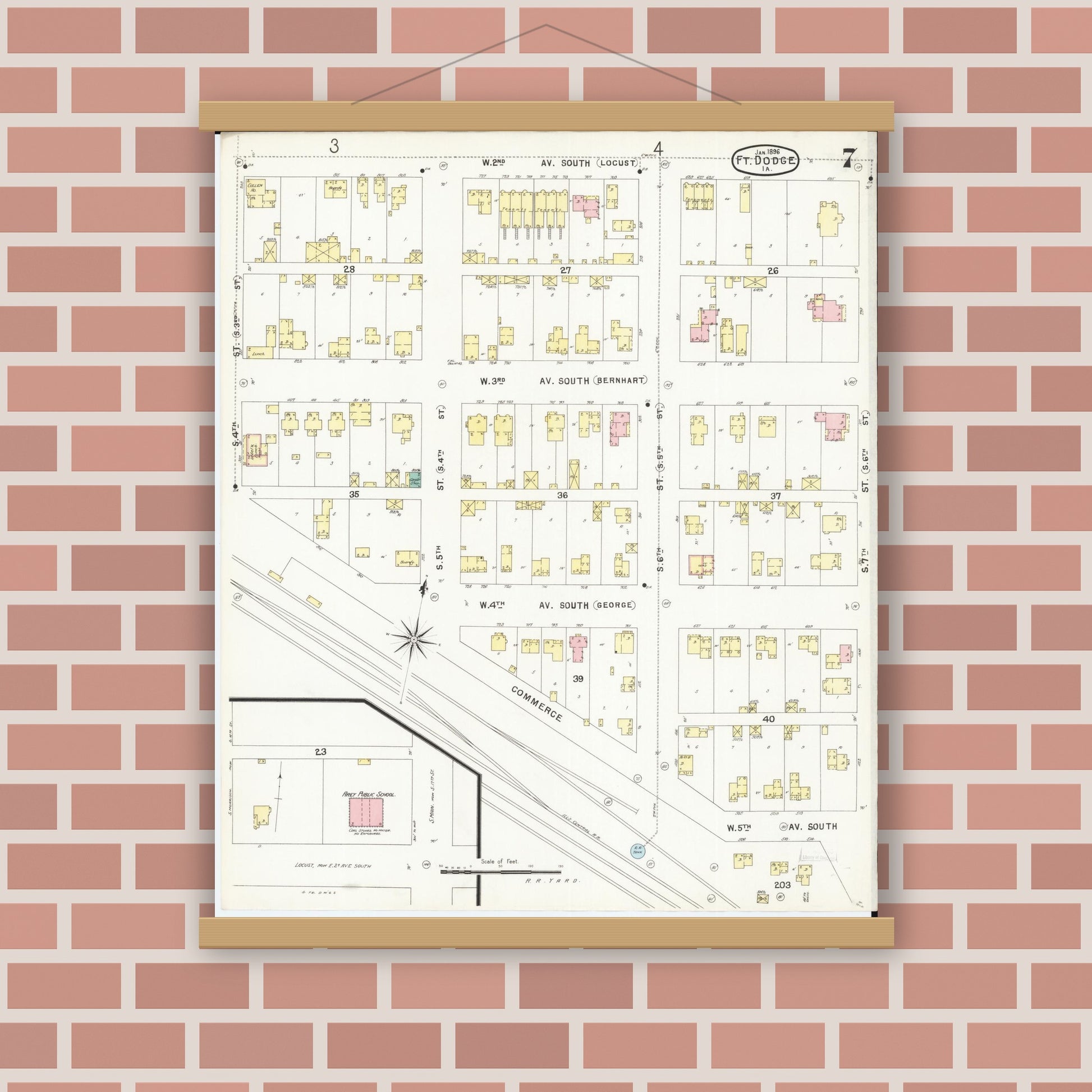 Old map wall art mockup — magnetic wood frame on brick wall — Sanborn Fire Insurance Map from Fort Dodge, Webster County, Iowa (1896), Sheet #0007