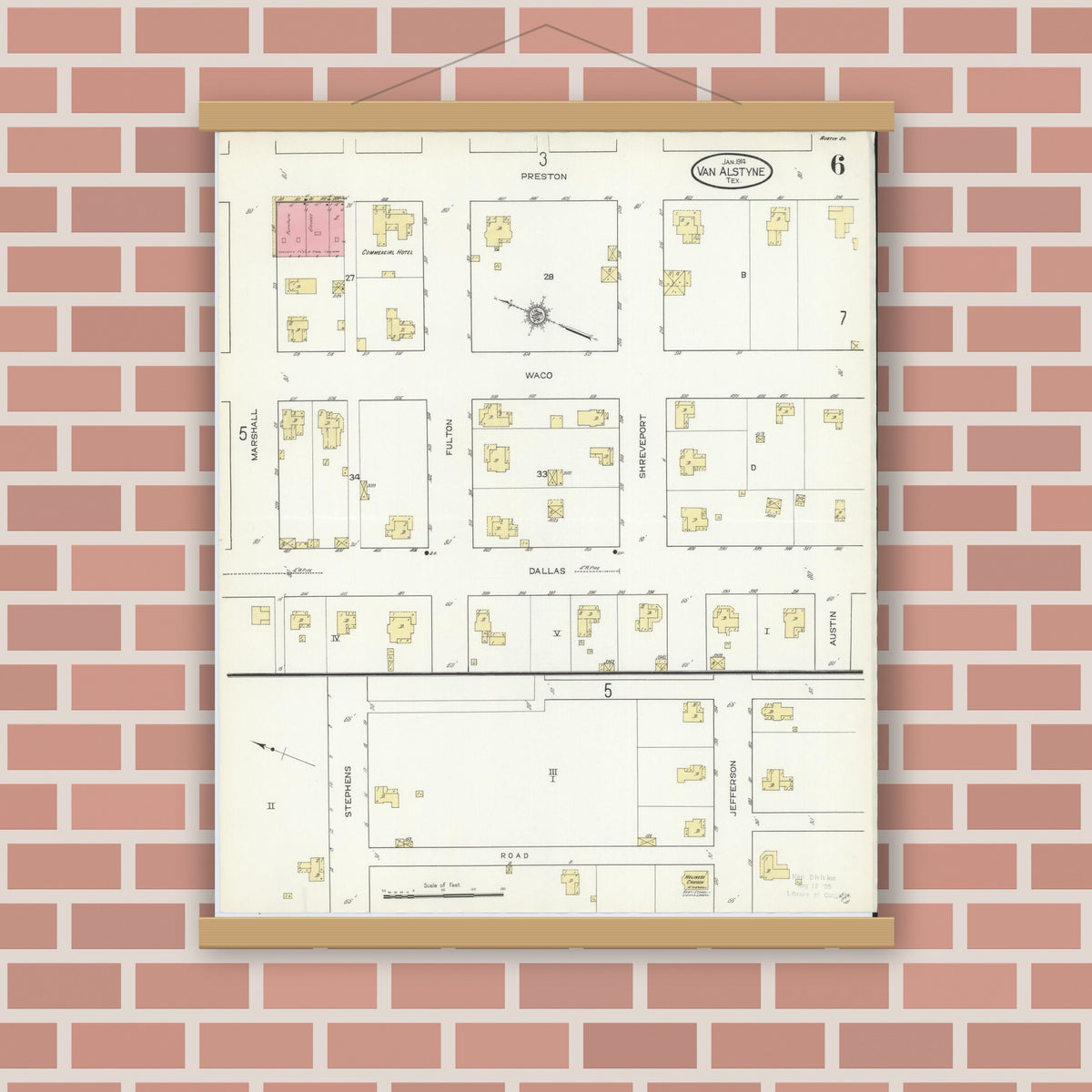Old map wall art mockup — magnetic wood frame on brick wall — Sanborn Fire Insurance Map from Van Alstyne, Grayson County, Texas (1914), Sheet #0006
