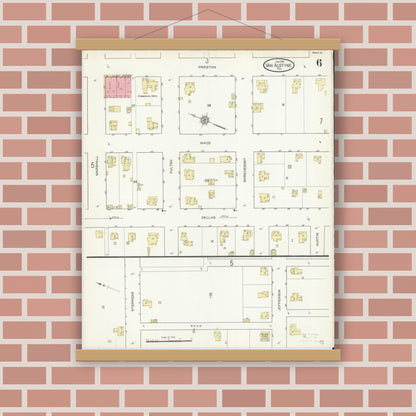 Old map wall art mockup — magnetic wood frame on brick wall — Sanborn Fire Insurance Map from Van Alstyne, Grayson County, Texas (1914), Sheet #0006
