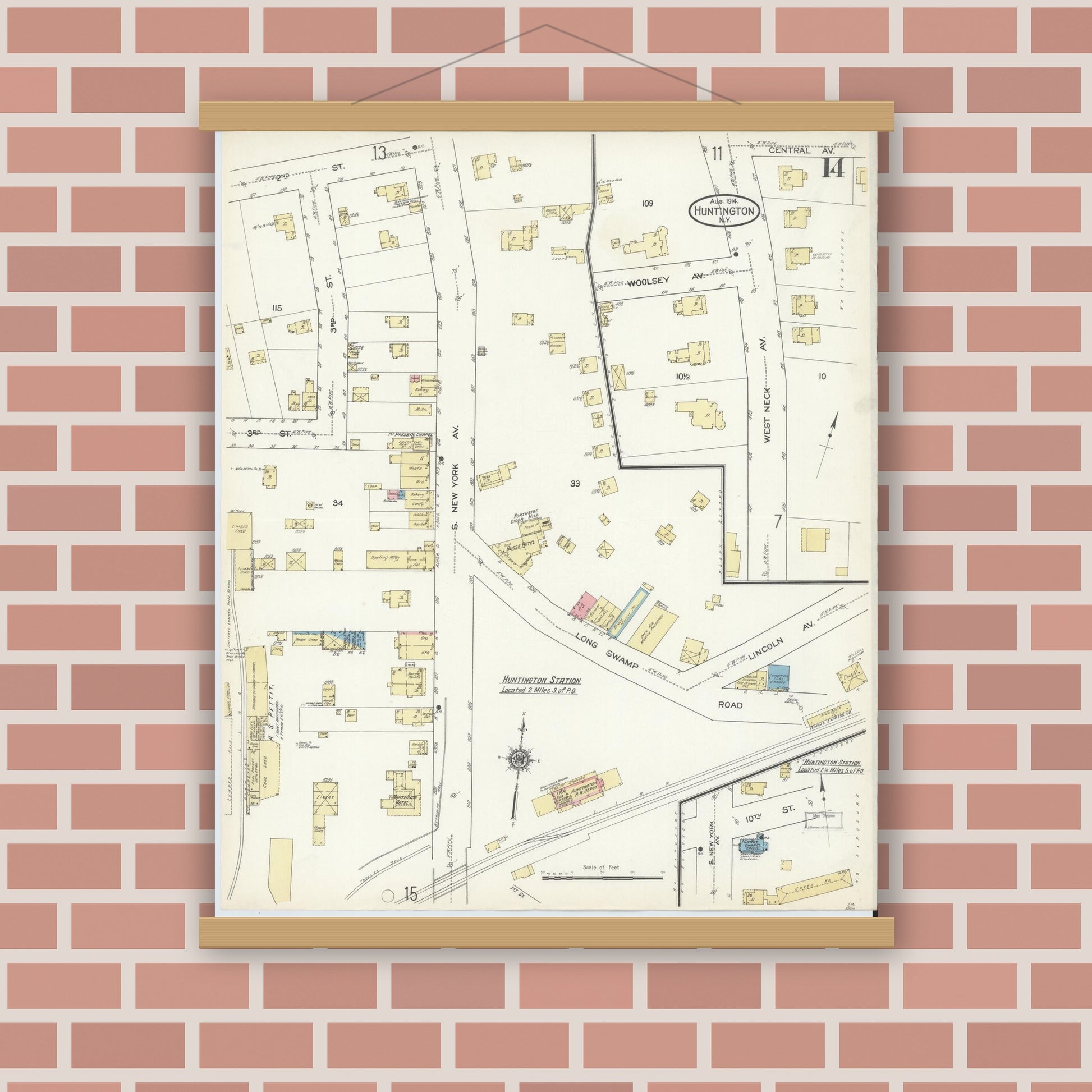 Old map wall art mockup — magnetic wood frame on brick wall — Sanborn Fire Insurance Map from Huntington, Suffolk County, New York (1914), Sheet #0014
