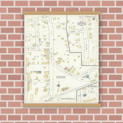 Old map wall art mockup — magnetic wood frame on brick wall — Sanborn Fire Insurance Map from Huntington, Suffolk County, New York (1914), Sheet #0014