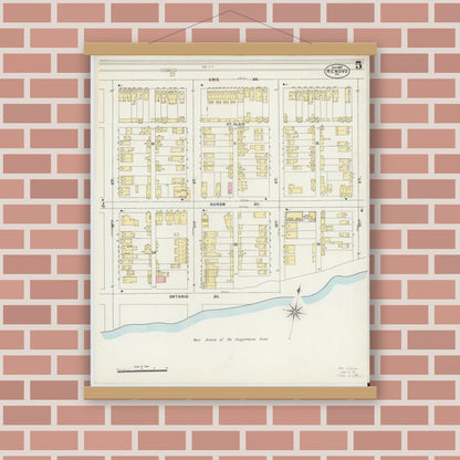Old map wall art mockup — magnetic wood frame on brick wall — Sanborn Fire Insurance Map from Renovo, Clinton County, Pennsylvania (1897), Sheet #0005