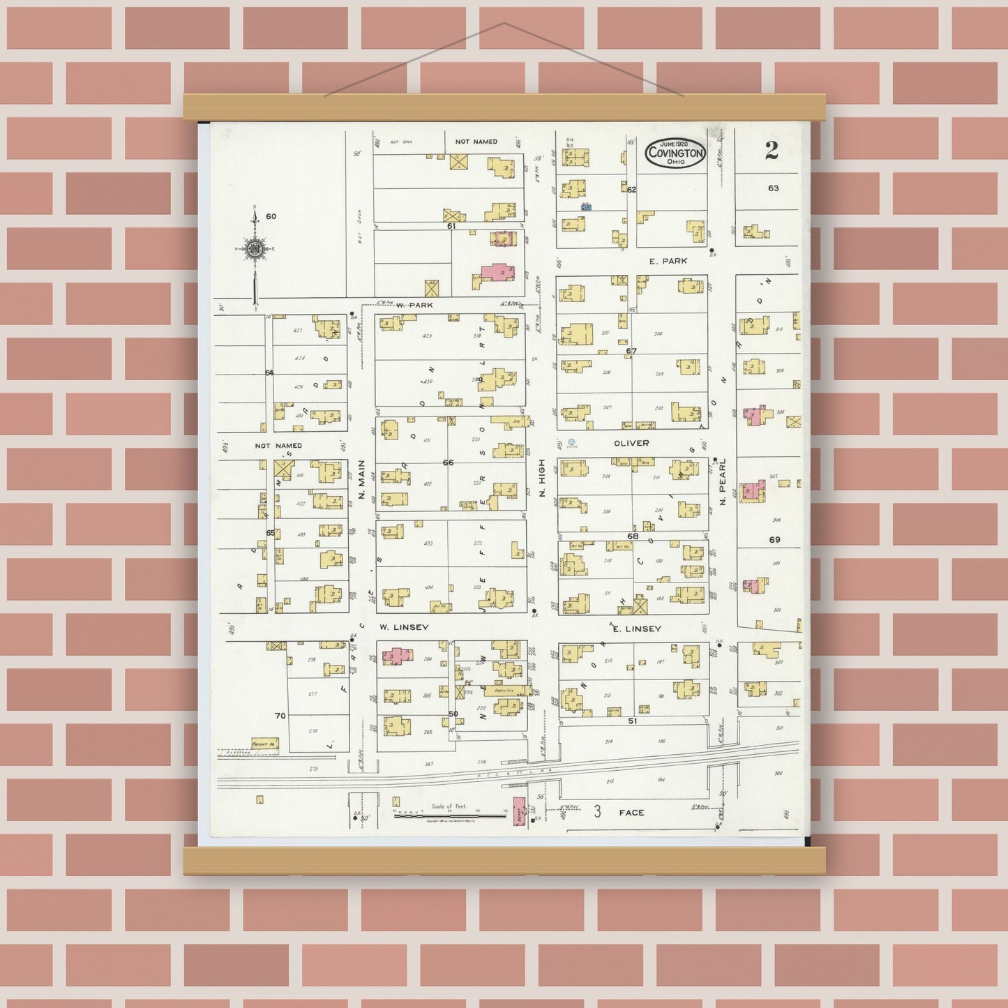 Old map wall art mockup — magnetic wood frame on brick wall — Sanborn Fire Insurance Map from Covington, Miami County, Ohio (1920), Sheet #0002