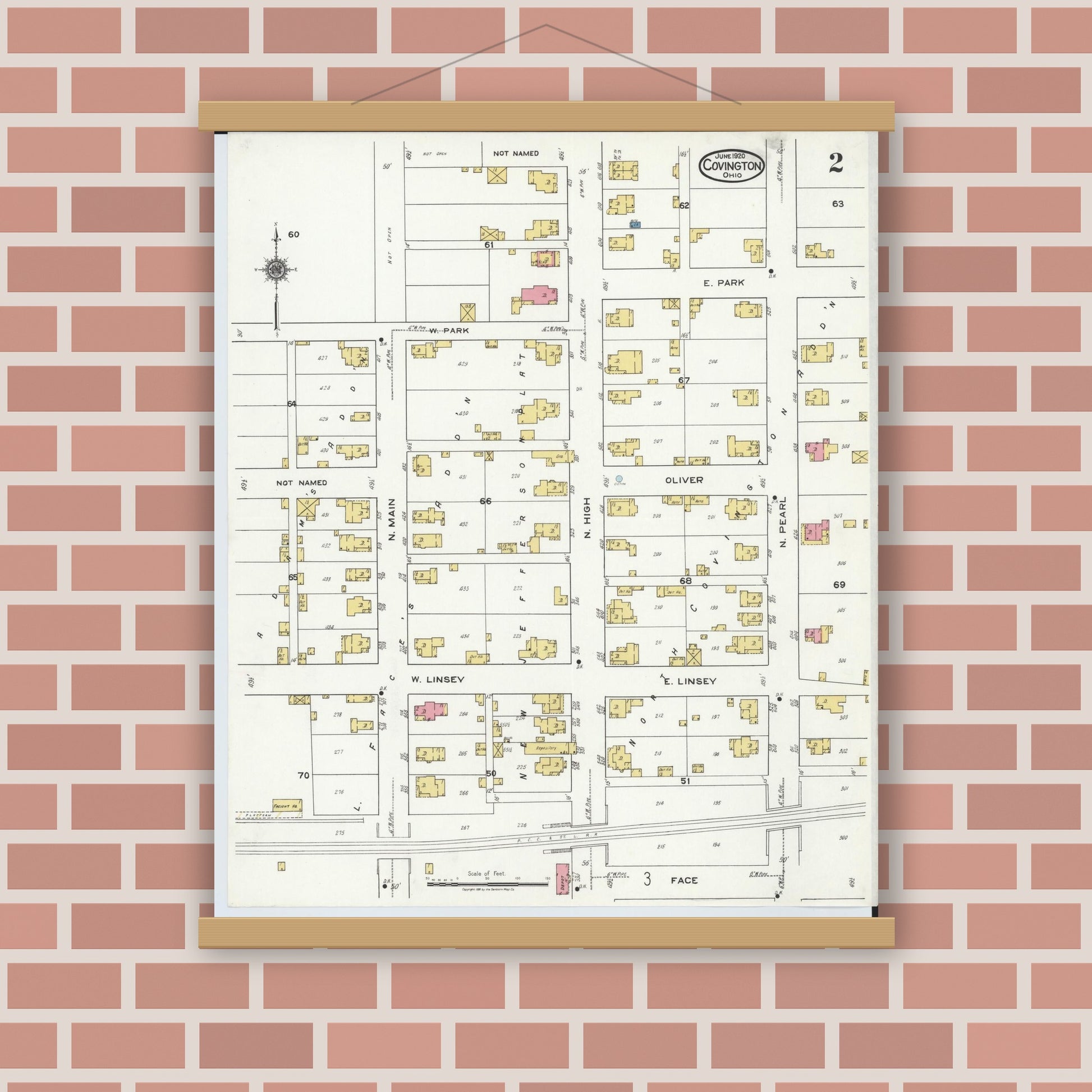 Old map wall art mockup — magnetic wood frame on brick wall — Sanborn Fire Insurance Map from Covington, Miami County, Ohio (1920), Sheet #0002