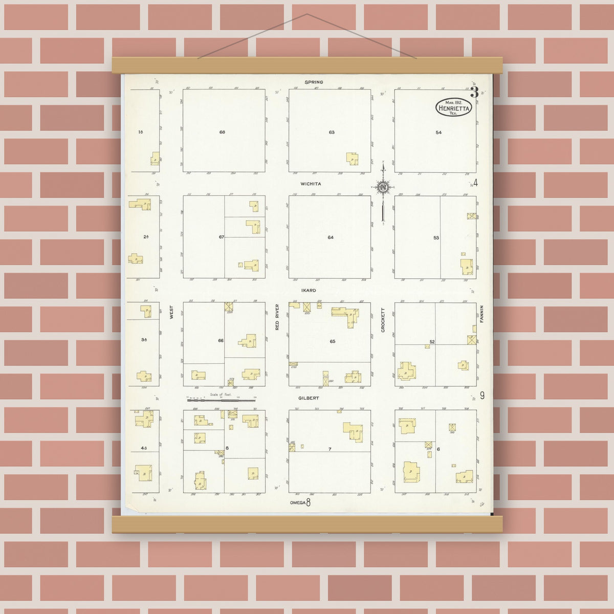 Old map wall art mockup — magnetic wood frame on brick wall — Sanborn Fire Insurance Map from Henrietta, Clay County, Texas (1912), Sheet #0003