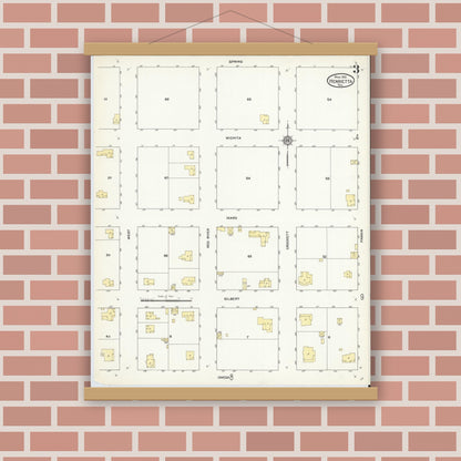 Old map wall art mockup — magnetic wood frame on brick wall — Sanborn Fire Insurance Map from Henrietta, Clay County, Texas (1912), Sheet #0003