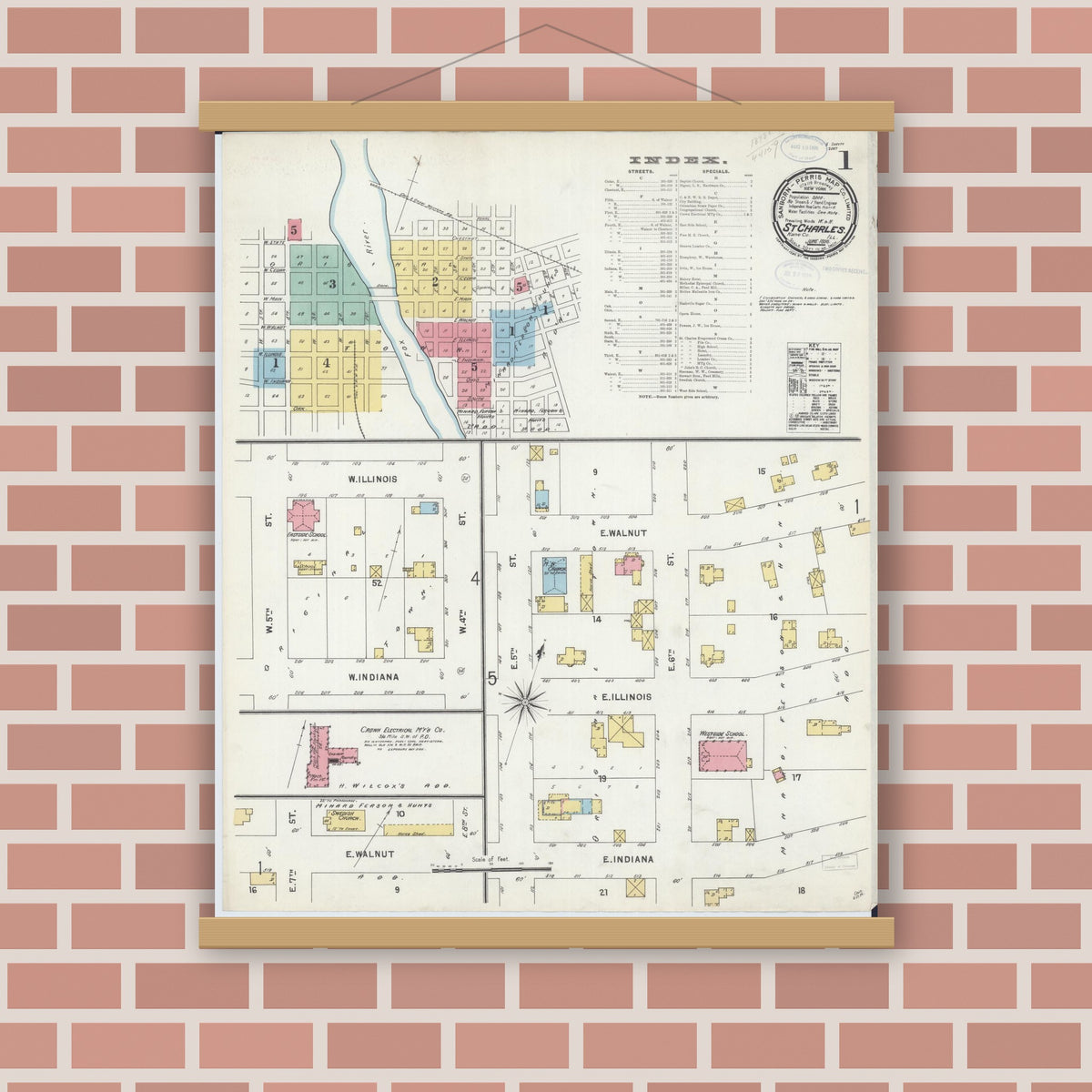 Old map wall art mockup — magnetic wood frame on brick wall — Sanborn Fire Insurance Map from Saint Charles, Kane County, Illinois (1898), Sheet #0001
