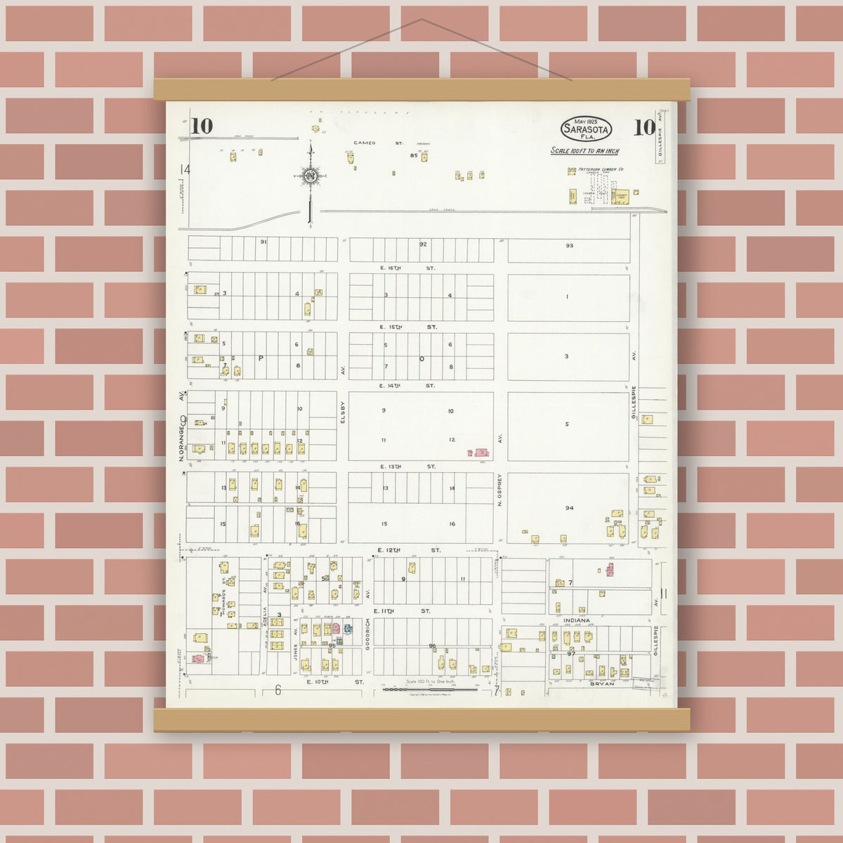 Old map wall art mockup — magnetic wood frame on brick wall — Sanborn Fire Insurance Map from Sarasota, Sarasota County, Florida (1925), Sheet #0010