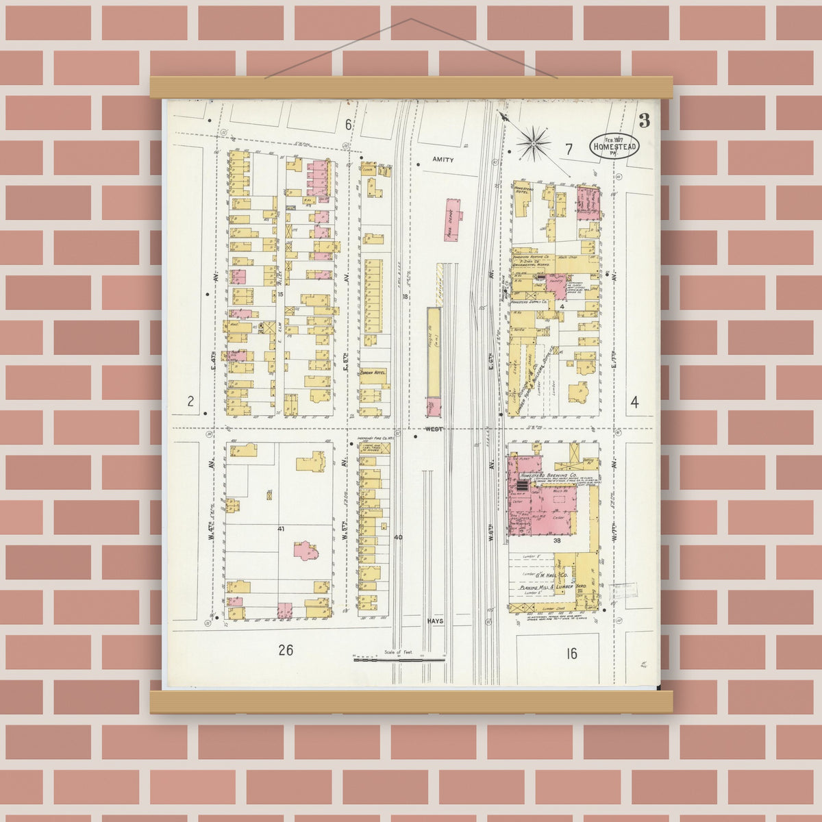 Old map wall art mockup — magnetic wood frame on brick wall — Sanborn Fire Insurance Map from Homestead, Allegheny County, Pennsylvania (1907), Sheet #0003