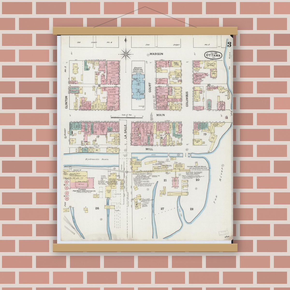 Old map wall art mockup — magnetic wood frame on brick wall — Sanborn Fire Insurance Map from Ottawa, La Salle County, Illinois (1888), Sheet #0003