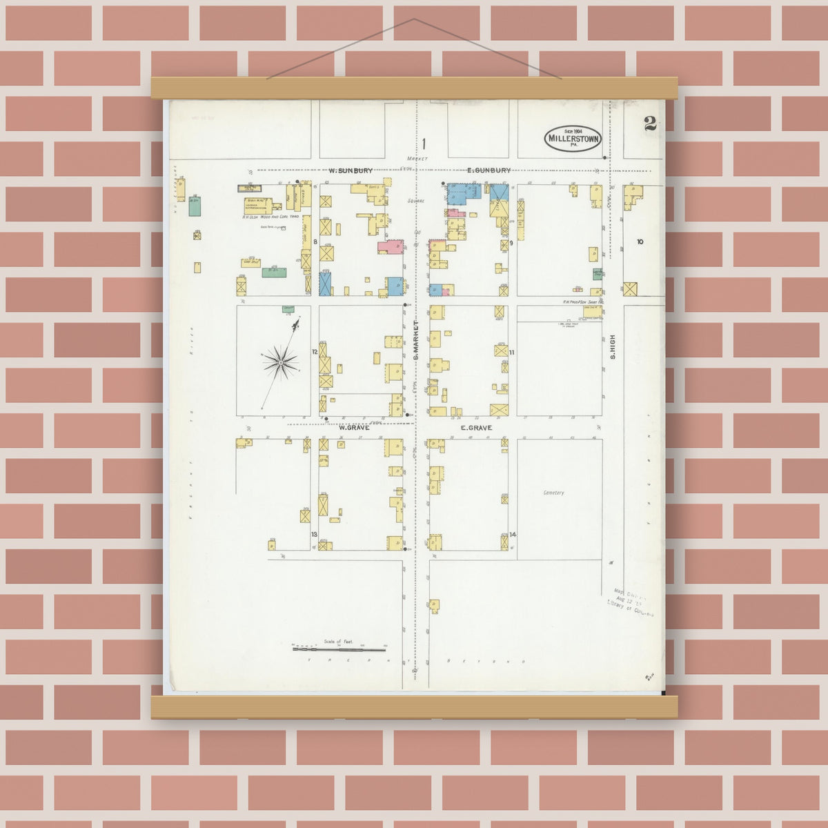 Old map wall art mockup — magnetic wood frame on brick wall — Sanborn Fire Insurance Map from Millerstown, Perry County, Pennsylvania (1904), Sheet #0002
