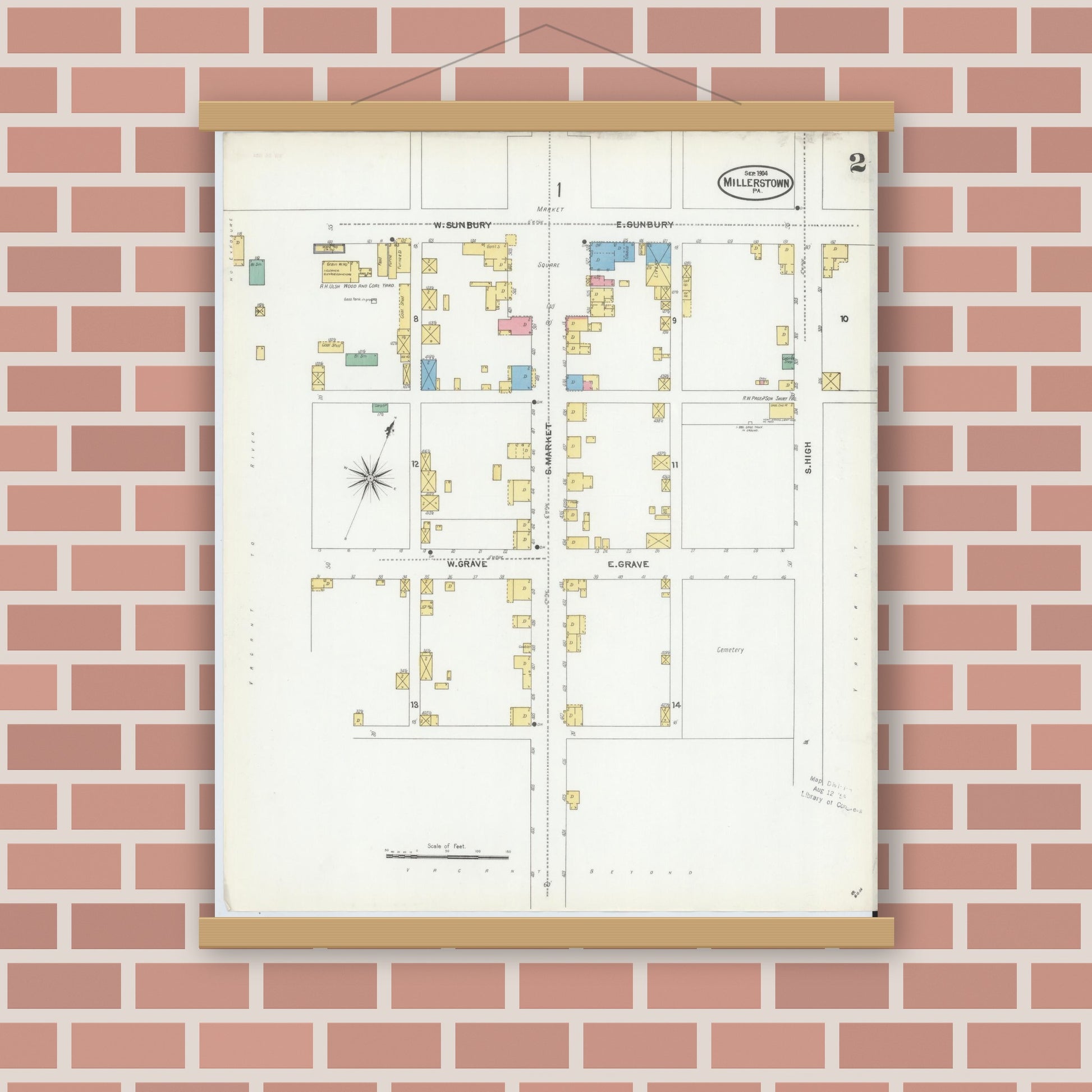 Old map wall art mockup — magnetic wood frame on brick wall — Sanborn Fire Insurance Map from Millerstown, Perry County, Pennsylvania (1904), Sheet #0002
