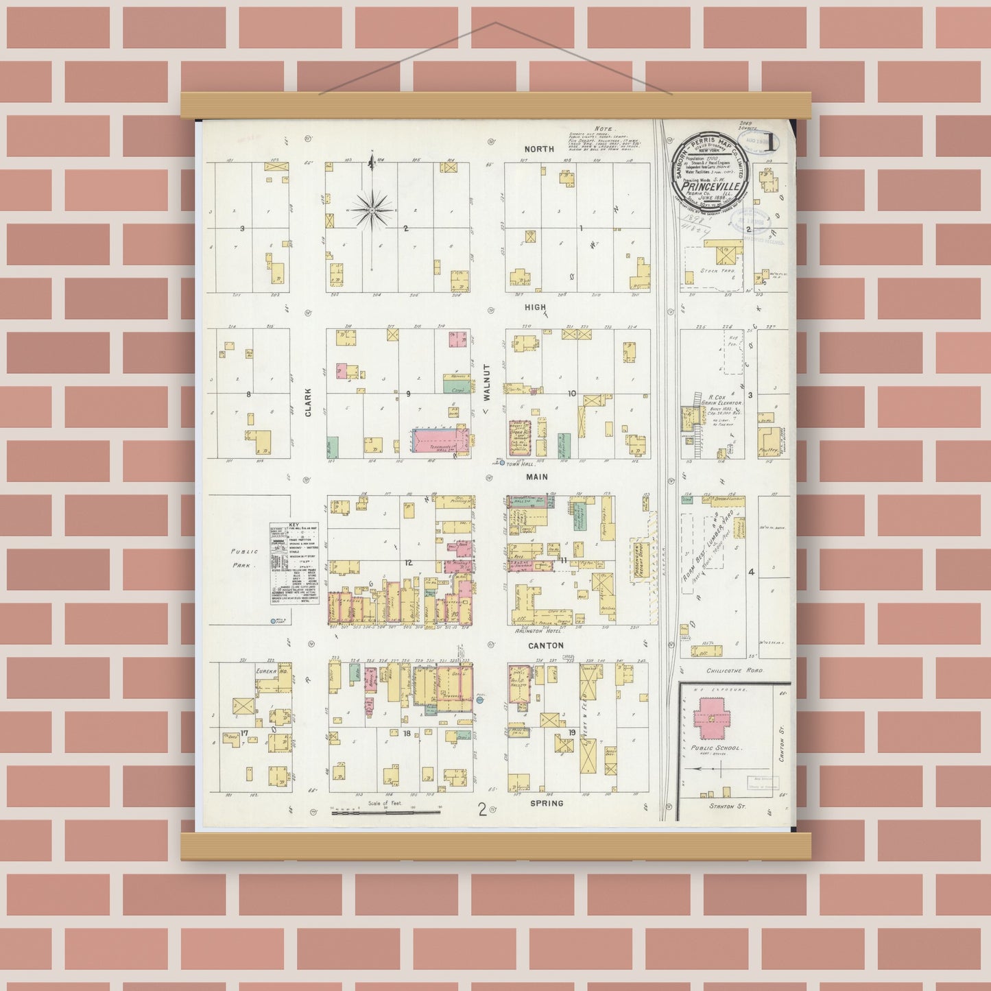 Old map wall art mockup — magnetic wood frame on brick wall — Sanborn Fire Insurance Map from Princeville, Peoria County, Illinois (1898) - Complete Map Set