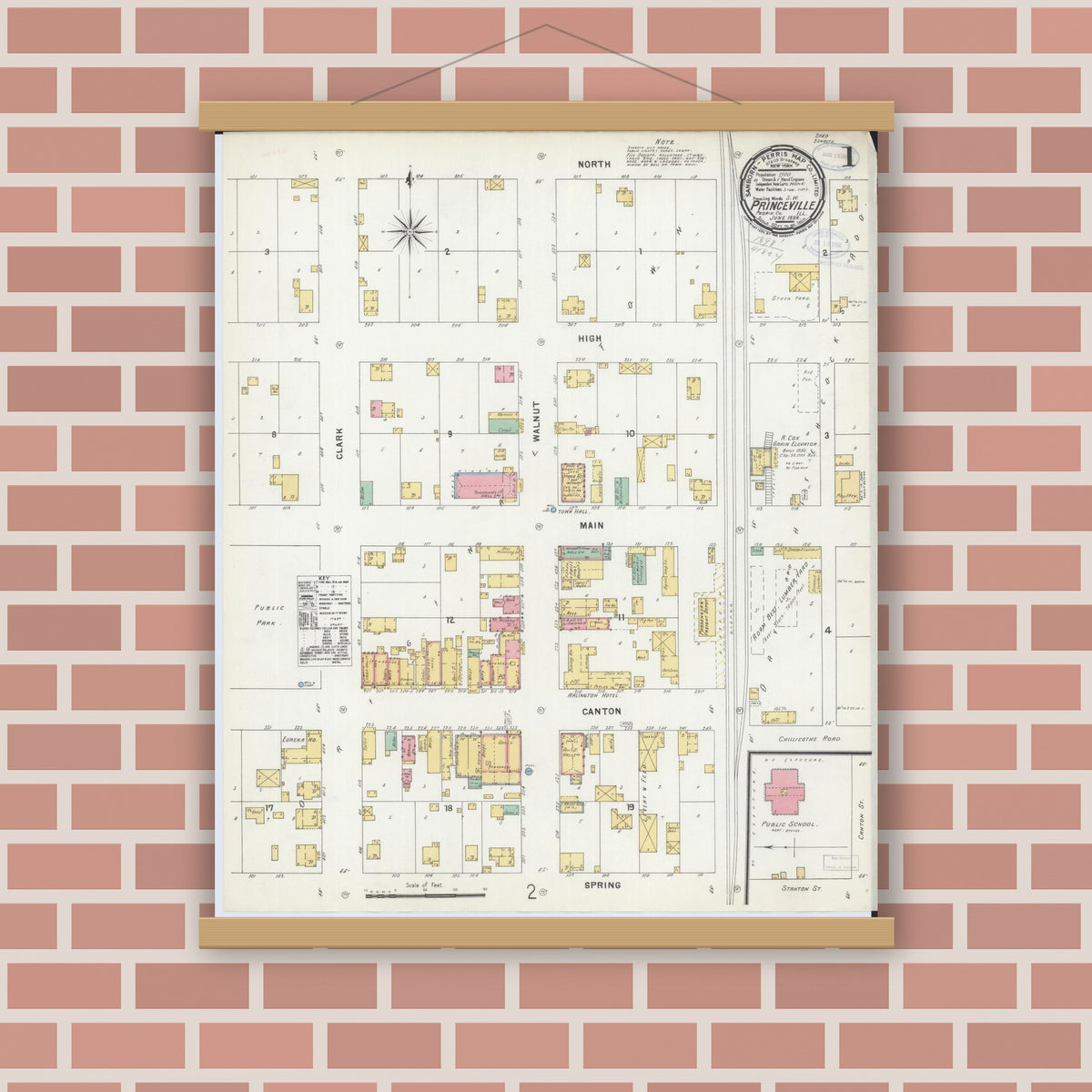 Old map wall art mockup — magnetic wood frame on brick wall — Sanborn Fire Insurance Map from Princeville, Peoria County, Illinois (1898) - Complete Map Set