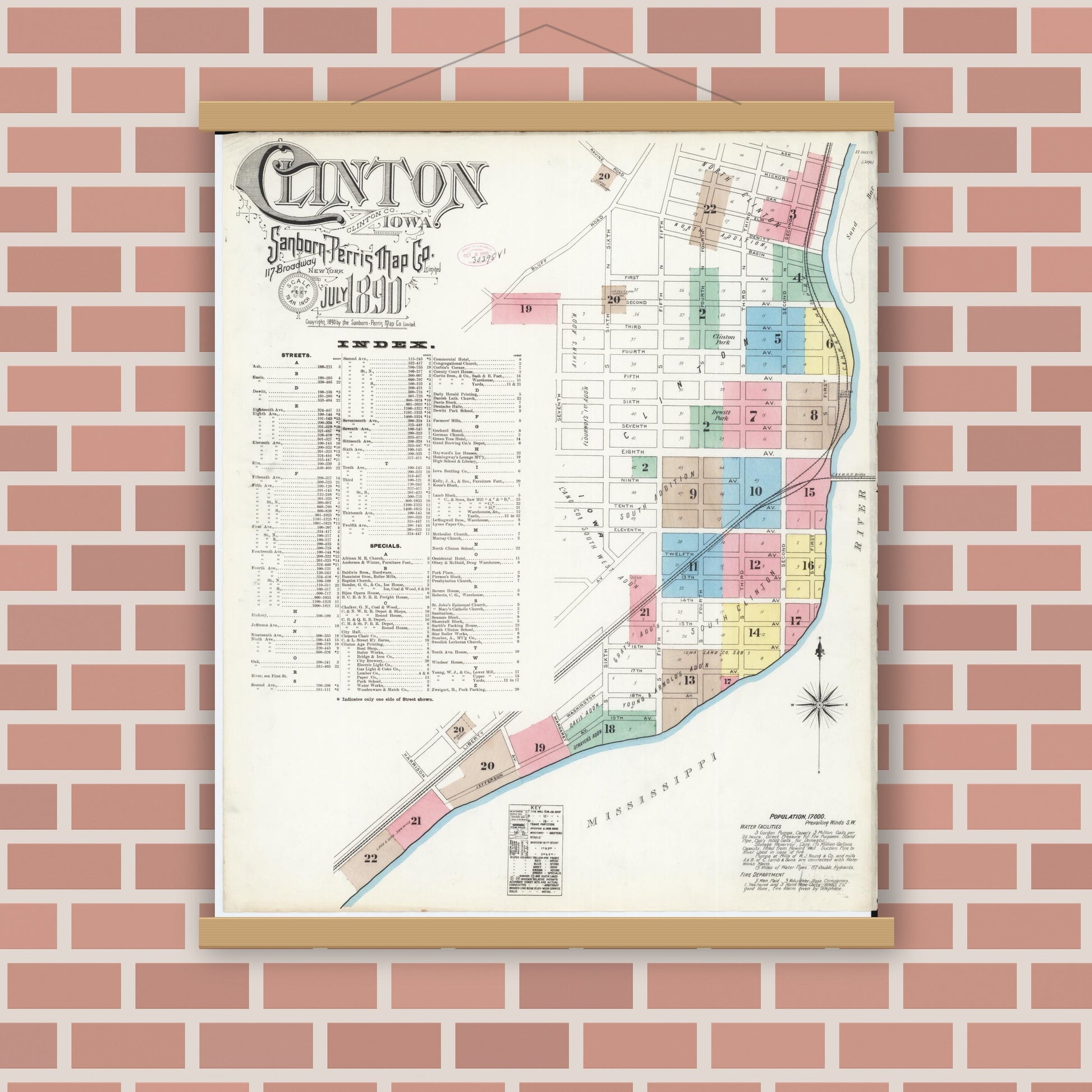 Old map wall art mockup — magnetic wood frame on brick wall — Sanborn Fire Insurance Map from Clinton, Clinton County, Iowa (1890) â€” Complete Set