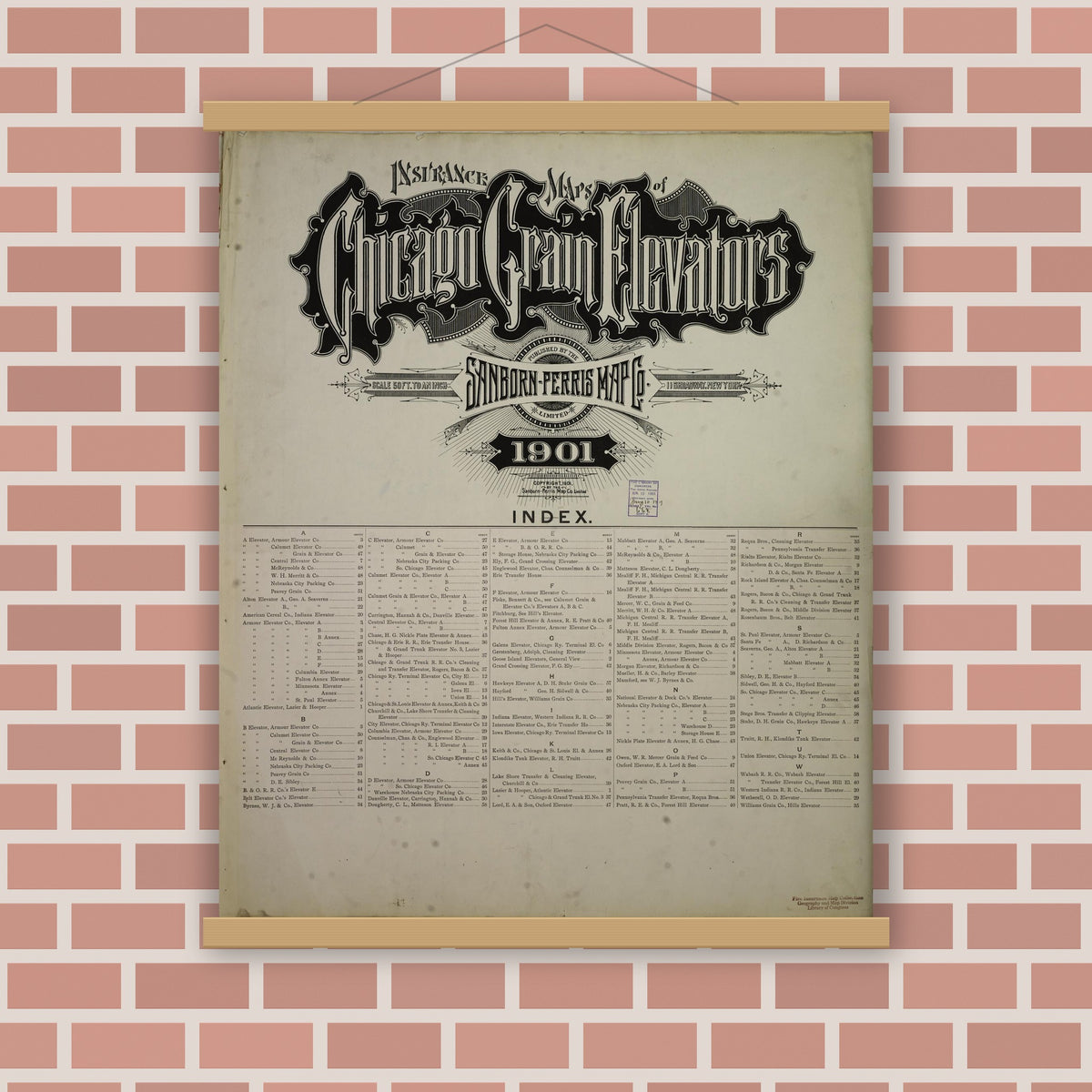 Old map wall art mockup — magnetic wood frame on brick wall — Sanborn Fire Insurance Map from Chicago, Cook County, Illinois (Unknown), Sheet #0001