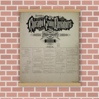 Old map wall art mockup — magnetic wood frame on brick wall — Sanborn Fire Insurance Map from Chicago, Cook County, Illinois (Unknown), Sheet #0001