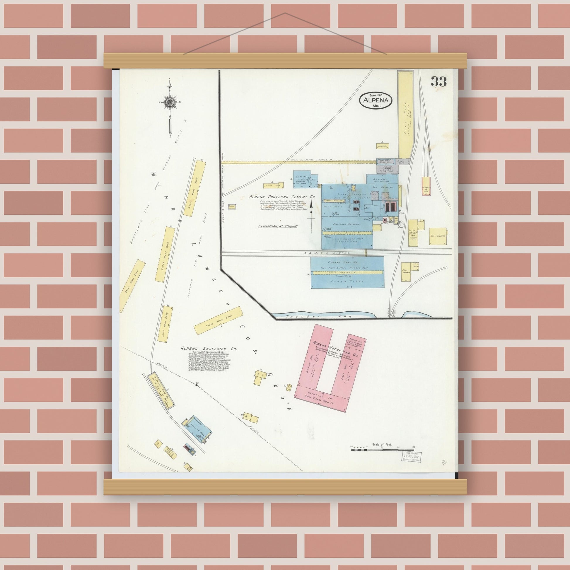 Old map wall art mockup — magnetic wood frame on brick wall — Sanborn Fire Insurance Map from Alpena, Alpena County, Michigan (1910), Sheet #0033