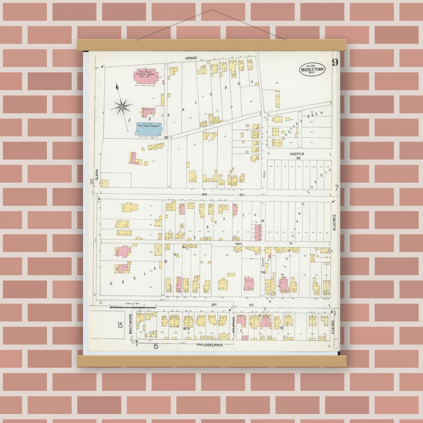 Old map wall art mockup — magnetic wood frame on brick wall — Sanborn Fire Insurance Map from Middletown, Butler County, Ohio (1901), Sheet #0009