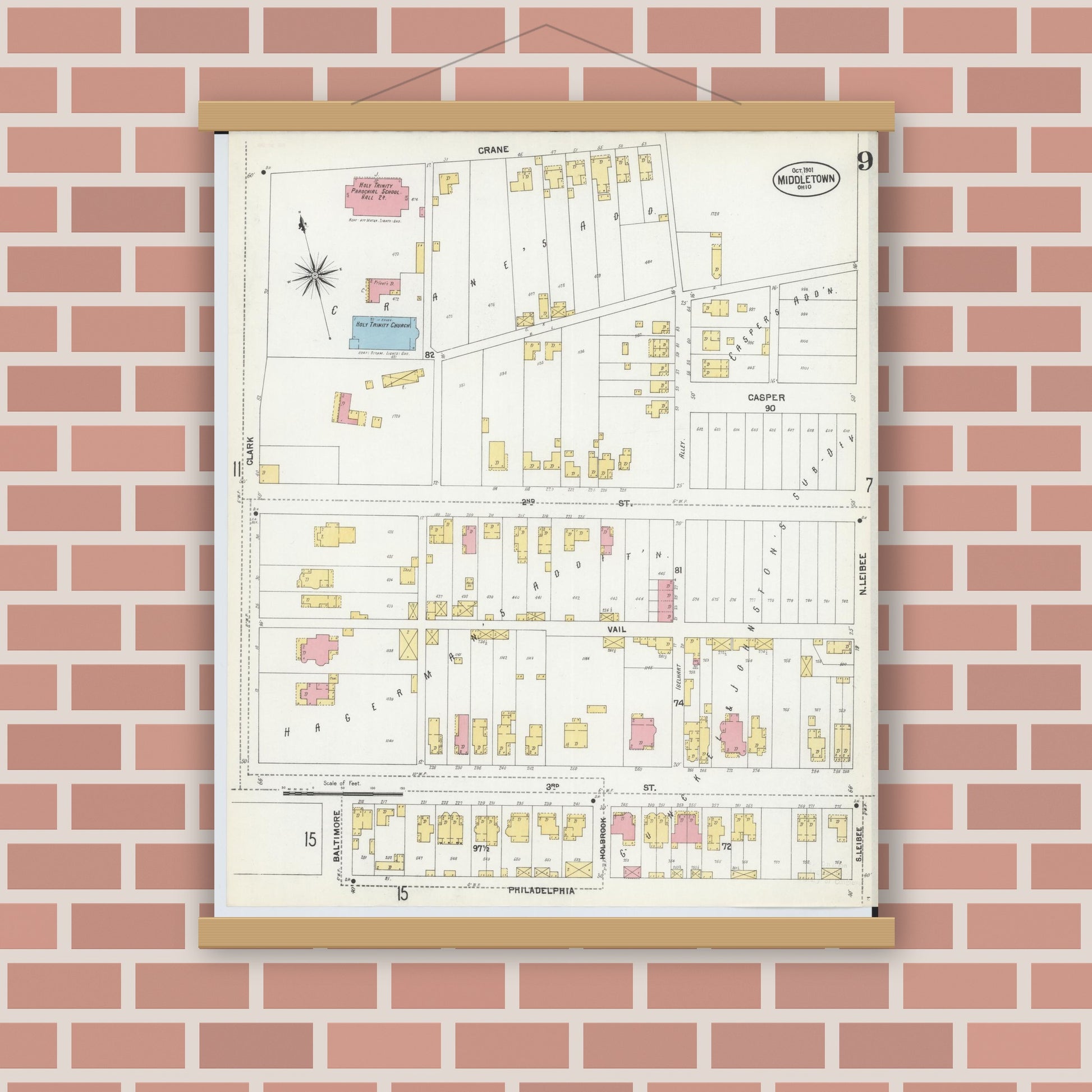 Old map wall art mockup — magnetic wood frame on brick wall — Sanborn Fire Insurance Map from Middletown, Butler County, Ohio (1901), Sheet #0009